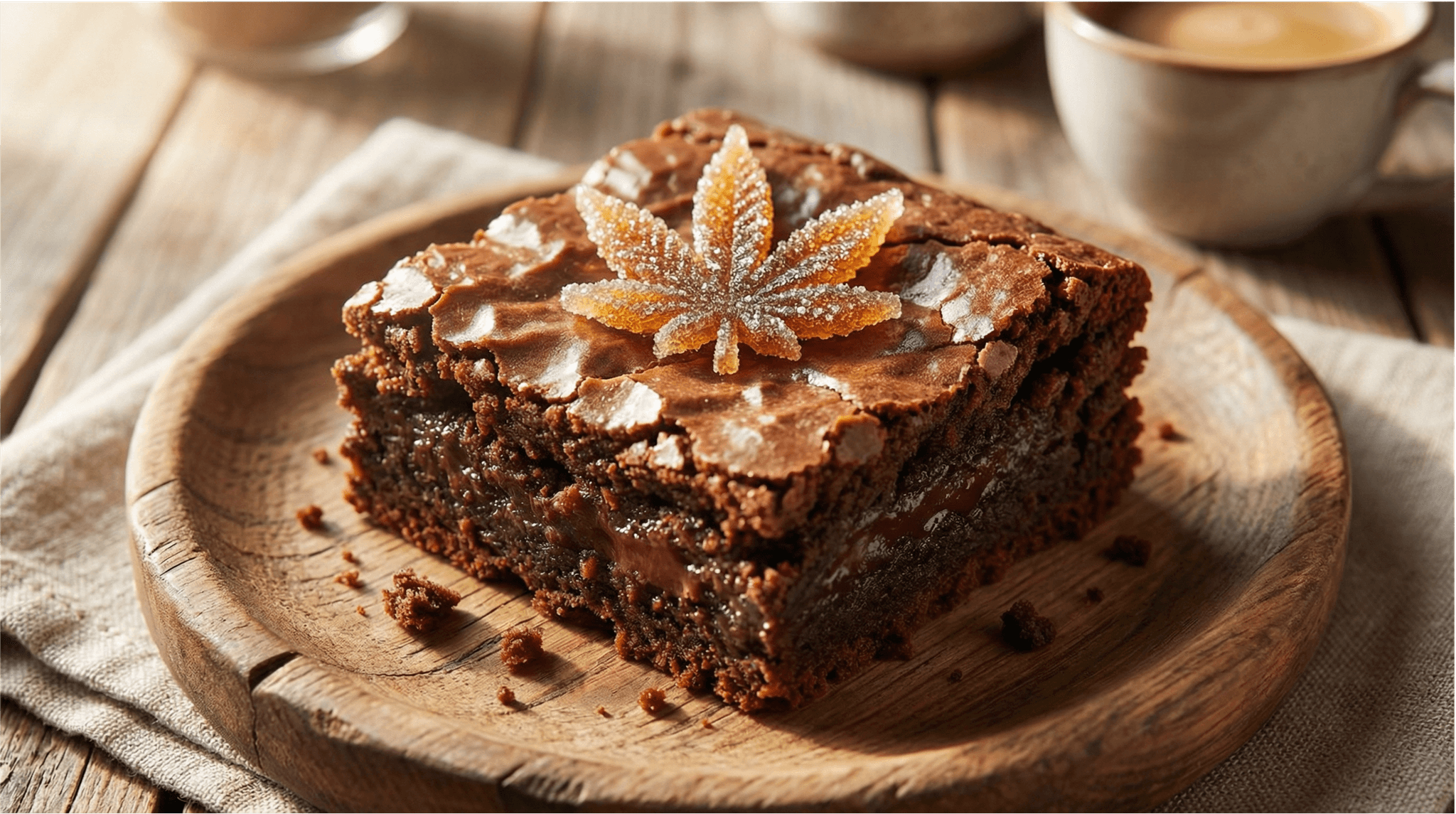 Cannabis Brownie auf Holzteller mit einem kandierten Hanfblatt