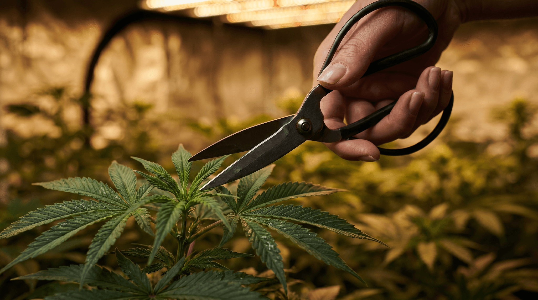 Eine Hand hält eine Gartenschere präzise über die Wachstumsspitze einer Cannabispflanze in einem Indoor-Growraum – warmes goldenes LED-Licht im unscharfen Hintergrund unterstreicht die stimmungsvolle Atmosphäre des Titelbilds zum Thema Cannabispflanzen beschneiden.