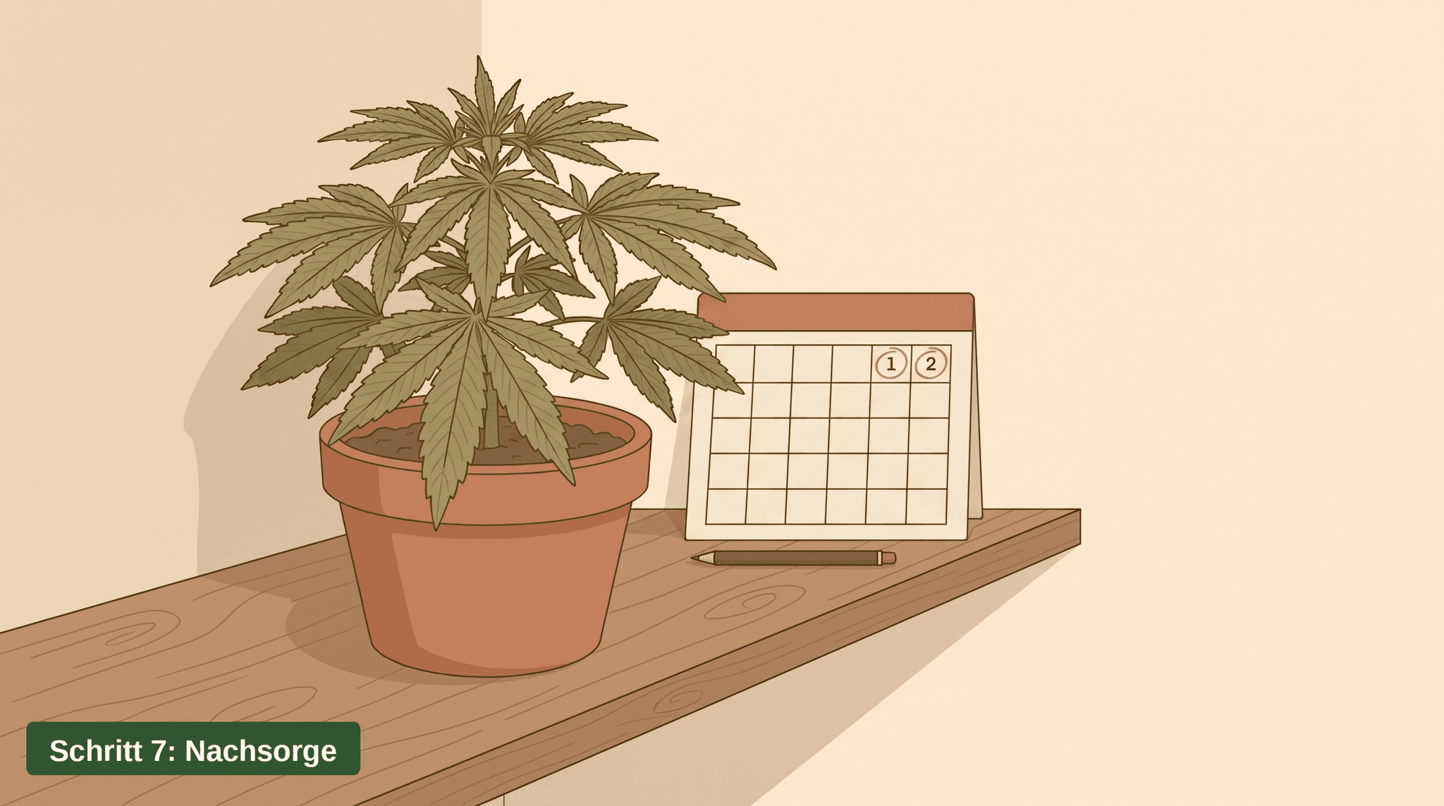 Frisch umgetopfte Cannabispflanze in einem Tontopf an einem schattigen Innenplatz, daneben Thermometer, Hygrometer und ein Kalender mit markierten Erholungstagen.