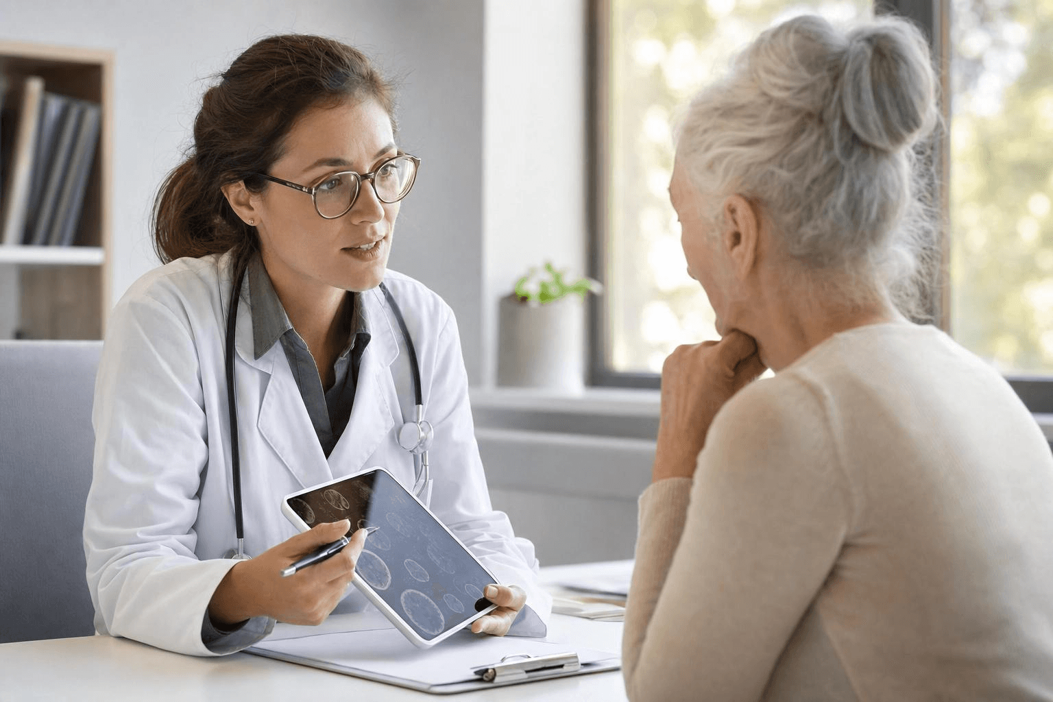 Ärztin zeigt älterer Patientin Befunde auf einem Tablet – ärztliches Beratungsgespräch zur Therapieentscheidung bei chronischen Schmerzen.