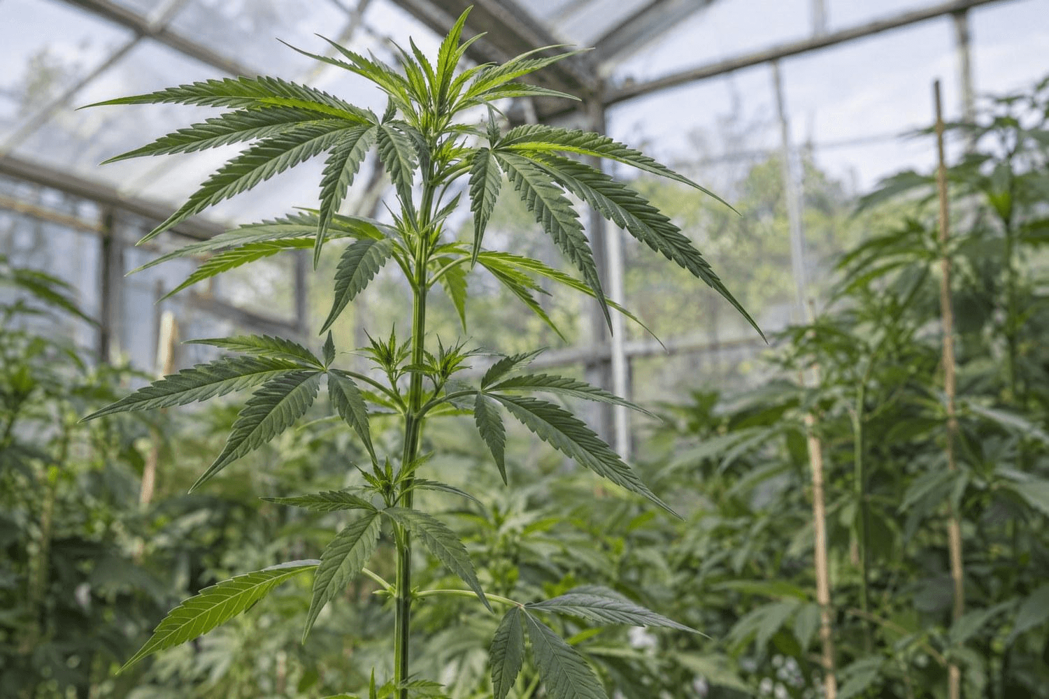 Cannabispflanze in der Wachstumsphase mit mehreren Fächerblättern; an den Knoten sind Blätter mit unterschiedlich vielen gezähnten Blättchen sichtbar.