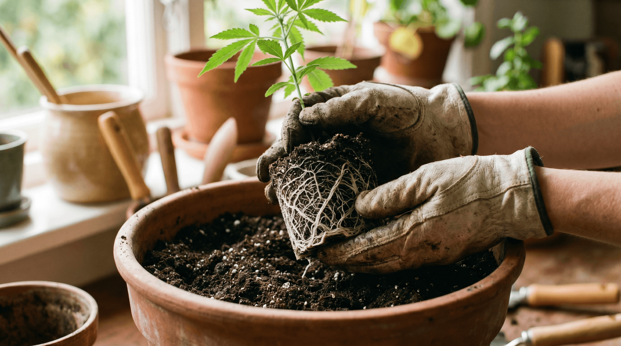 Hände setzen eine Cannabispflanze mit sichtbarem Wurzelballen in einen neuen Tontopf