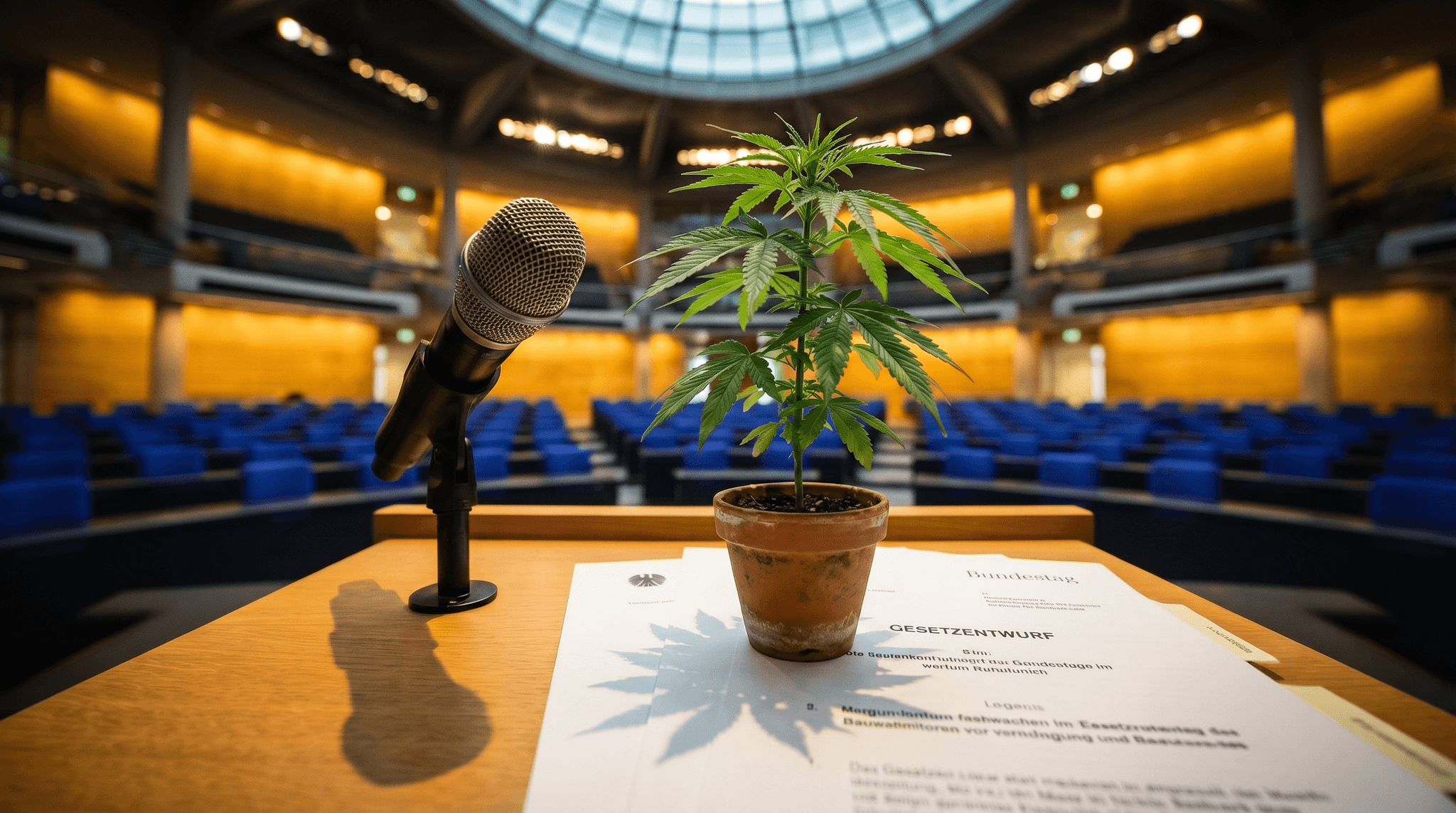 Cannabis-Pflanze auf dem Rednerpult des Deutschen Bundestages, neben einem Mikrofon und einem Gesetzentwurf-Dokument, mit dem leeren Plenarsaal im Hintergrund.