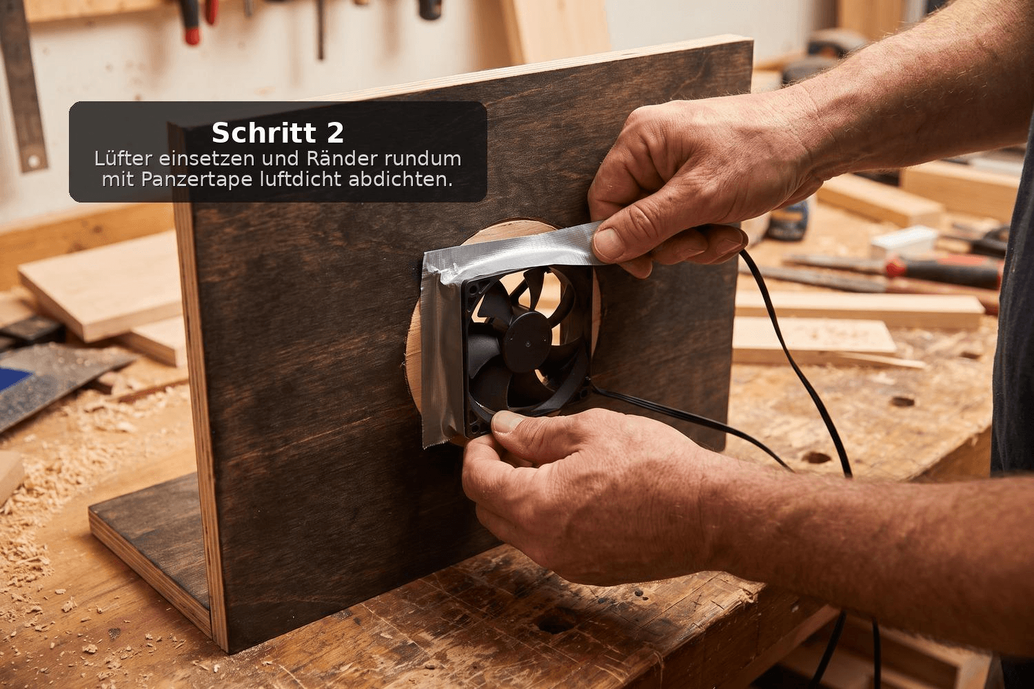 Hände setzen einen kleinen PC-Lüfter in ein rundes Loch in der Seitenwand einer selbstgebauten Trockenbox ein und dichten die Ränder mit Panzertape ab