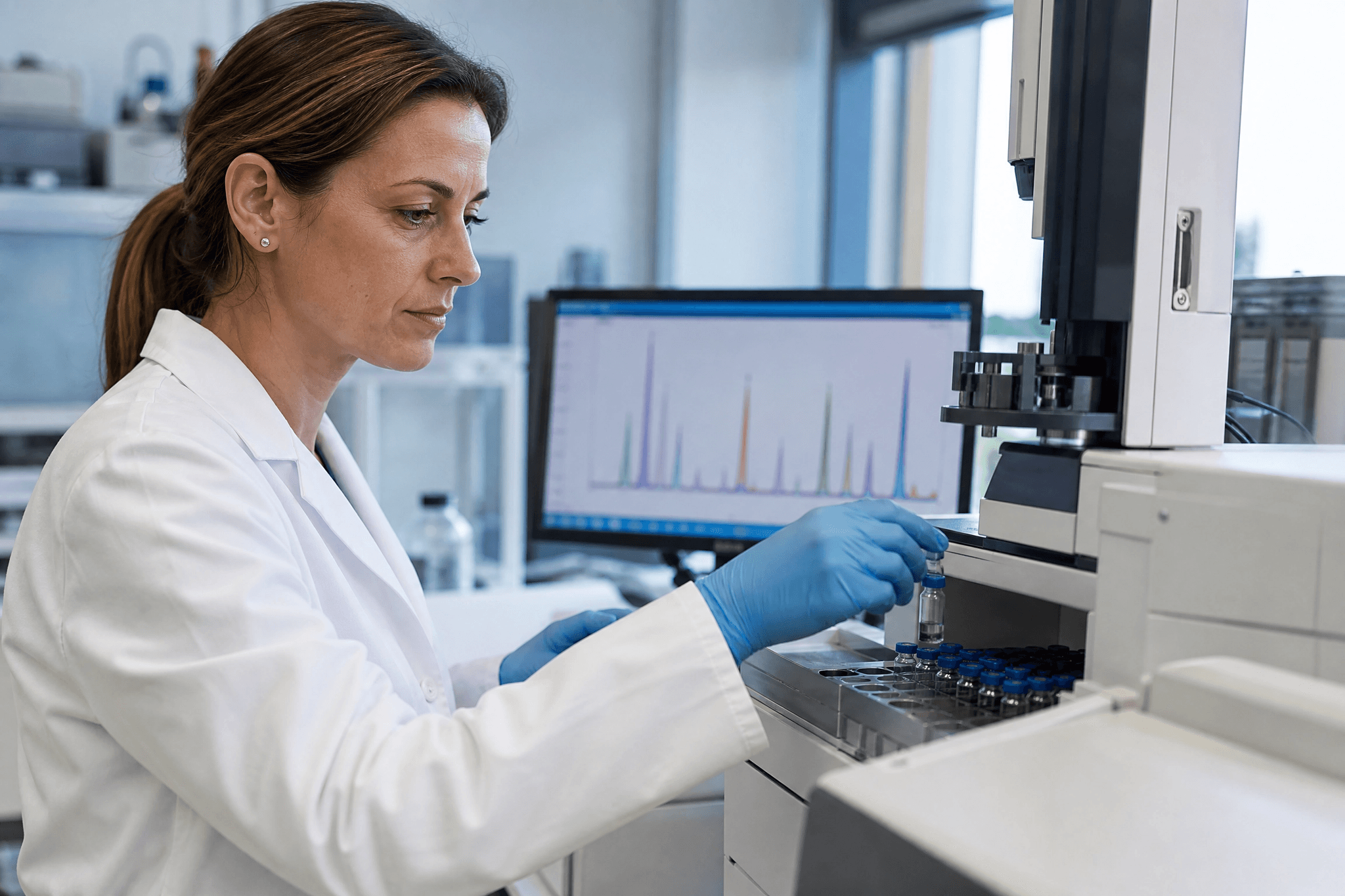 Laborantin analysiert eine Probe mit einem Gaschromatographen; auf dem Monitor ist eine Messkurve zu sehen.