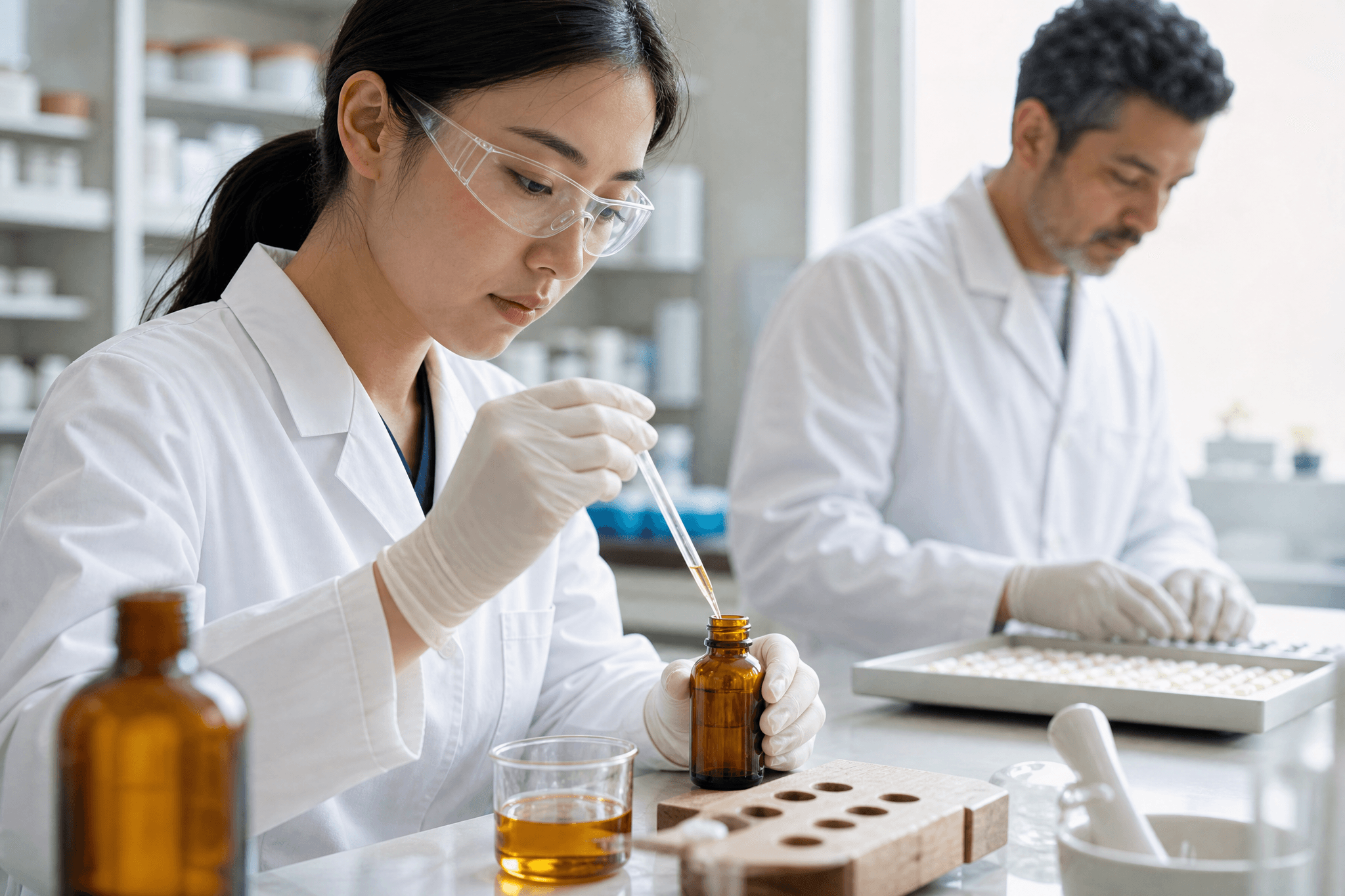 Pharmazeutische Fachkraft füllt eine ölige Rezeptur mit einer Pipette in eine Braunglasflasche; im Hintergrund werden Kapseln vorbereitet.