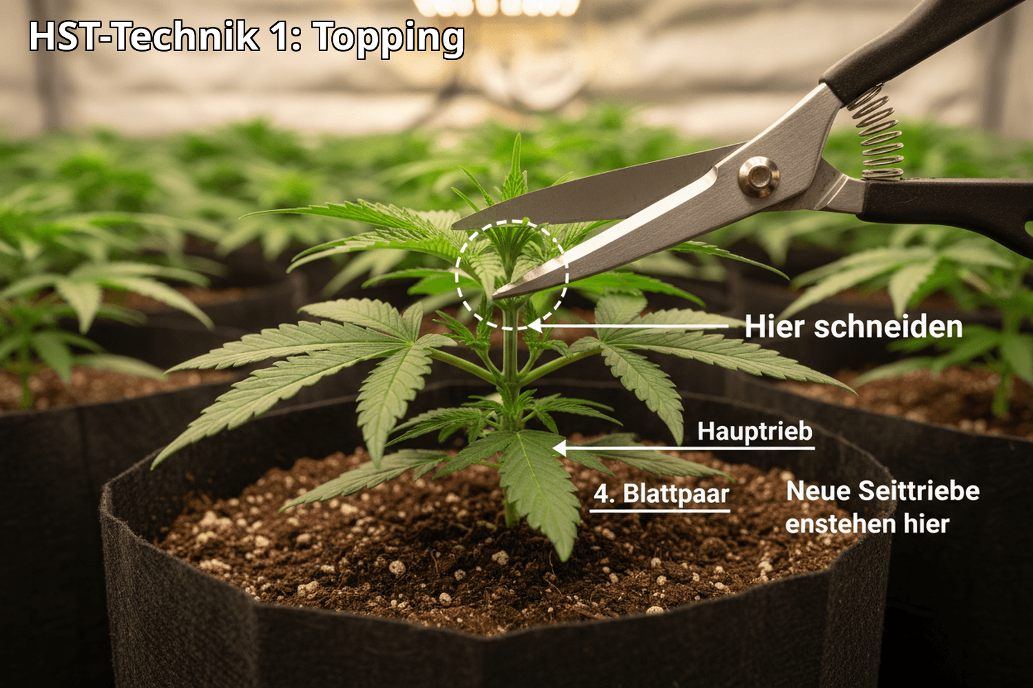 Cannabispflanze in der vegetativen Phase: Eine Schere setzt am Haupttrieb über dem vierten Blattpaar an. Beschriftungen markieren die genaue Schnittstelle, den Haupttrieb und die entstehenden neuen Seitentriebe – HST-Technik Topping.