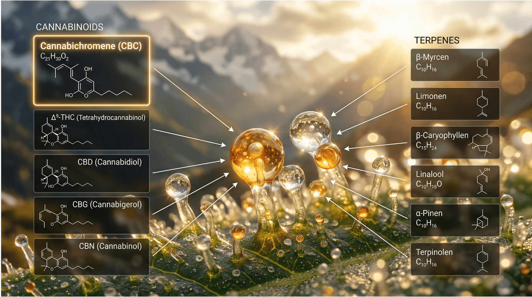 Infografik zur chemischen Struktur von Cannabichromen (CBC) mit der Summenformel C₂₁H₃₀O₂, eingebettet in eine Übersicht weiterer Cannabinoide und Terpene der Hanfpflanze – im Hintergrund eine Nahaufnahme leuchtender Cannabis-Trichome vor Bergpanorama.