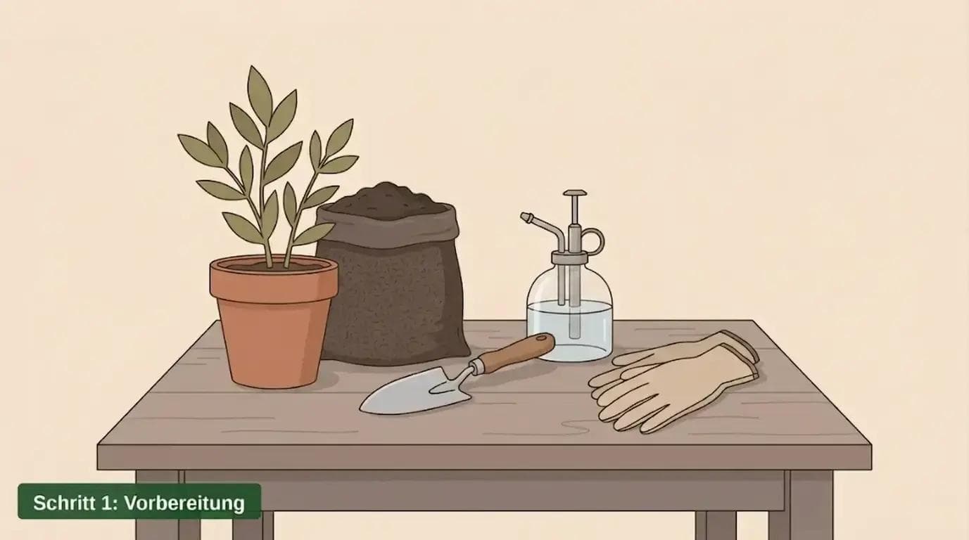 Tontopf, Substrat, Kelle, Desinfektionsmittel und Handschuhe auf einem Holztisch – Werkzeuge zur Vorbereitung vor dem Umtopfen einer Cannabispflanze.
