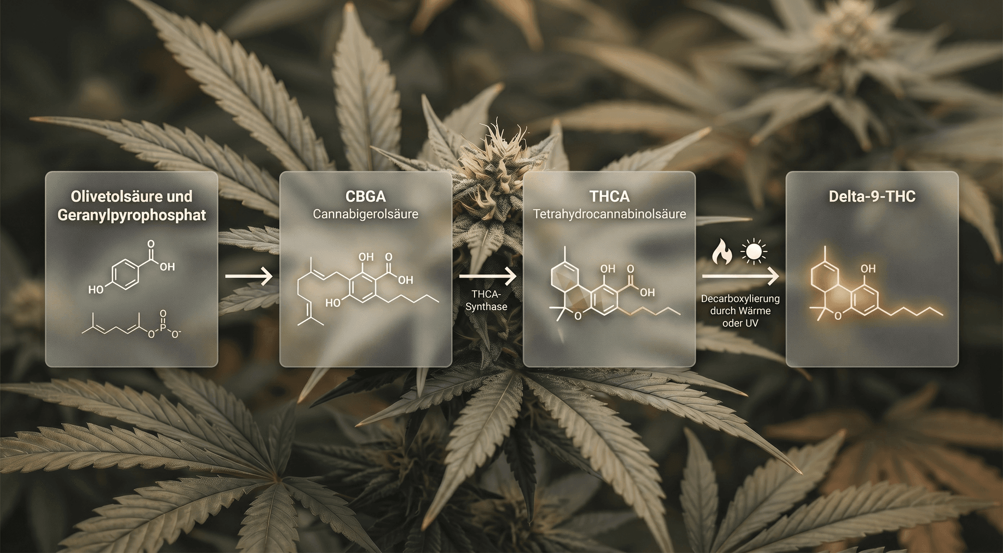 Die THC-Biosynthese im Überblick: Aus den Vorläufermolekülen Olivetolsäure und Geranylpyrophosphat entsteht über CBGA und THCA schließlich durch Decarboxylierung das bekannte Delta-9-THC.