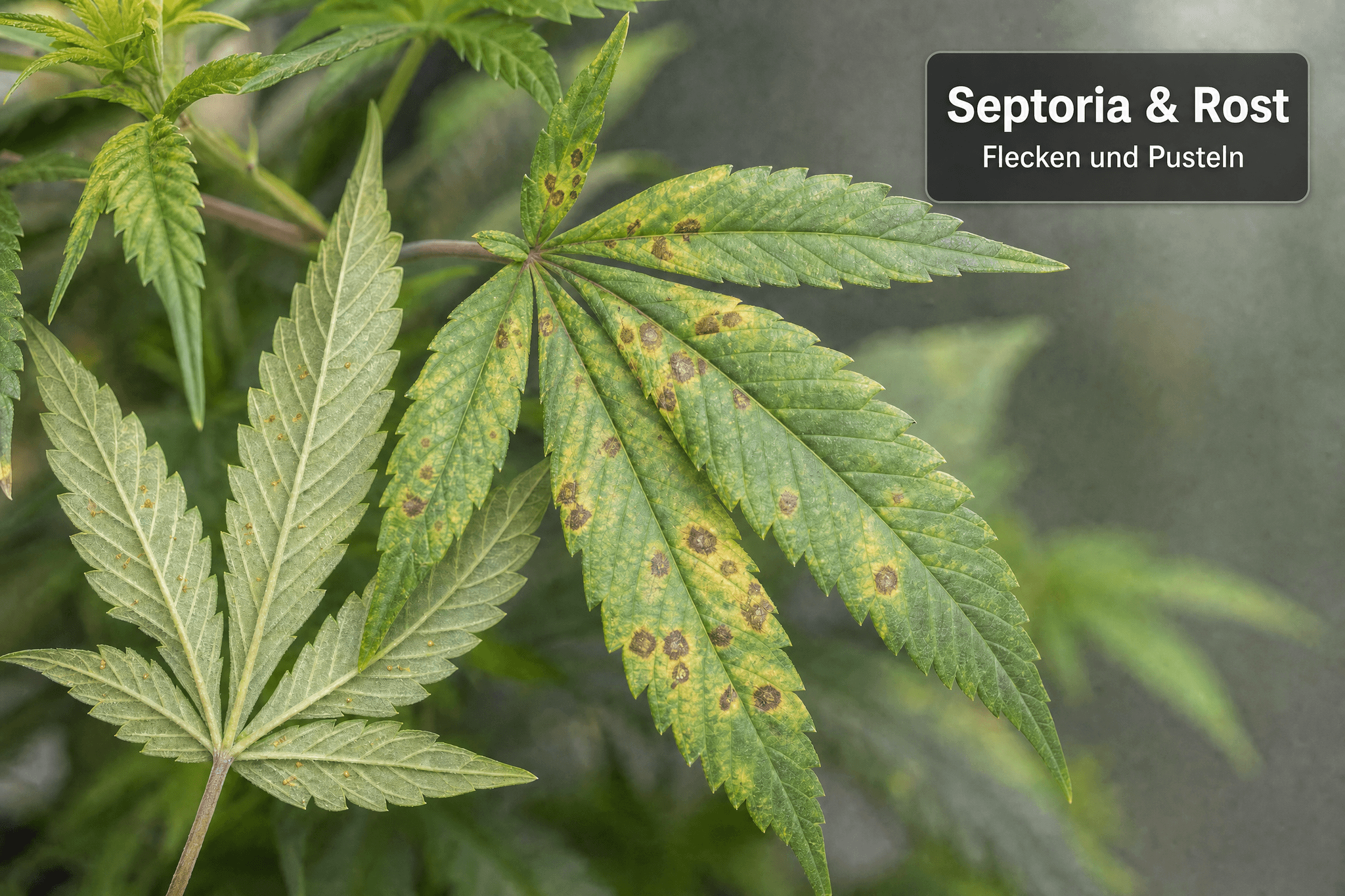 Cannabisblätter mit gelb-braunen Flecken und dunklen Zentren; auf einer Blattunterseite sind kleine orangebraune Pusteln sichtbar.