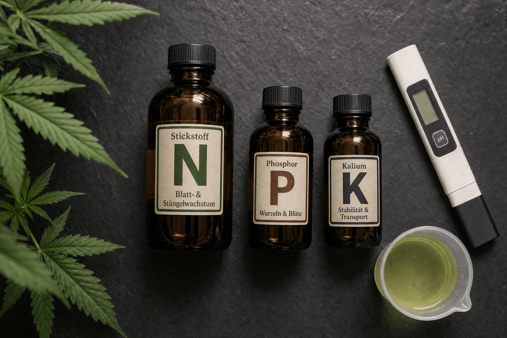Flat-lay auf dunklem Schiefer: Drei Braunglas-Flaschen mit beschrifteten Etiketten – N (Stickstoff, Blatt- & Stängelwachstum), P (Phosphor, Wurzeln & Blüte) und K (Kalium, Stabilität & Transport) – daneben ein digitales pH-Meter und ein Messbecher mit grüner Nährlösung. Im Hintergrund Cannabisblätter. Visualisierung der NPK-Nährstoffe für die vegetative Wachstumsphase.