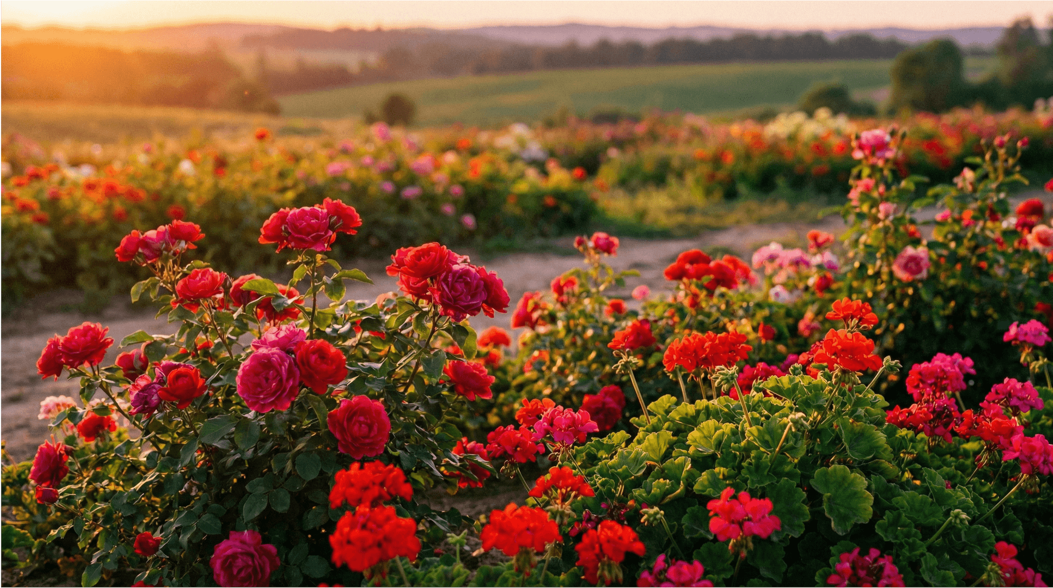 Blühende Rosen und Geranien bei Sonnenuntergang – natürliche Quellen des Duftstoffs Geraniol in der Natur