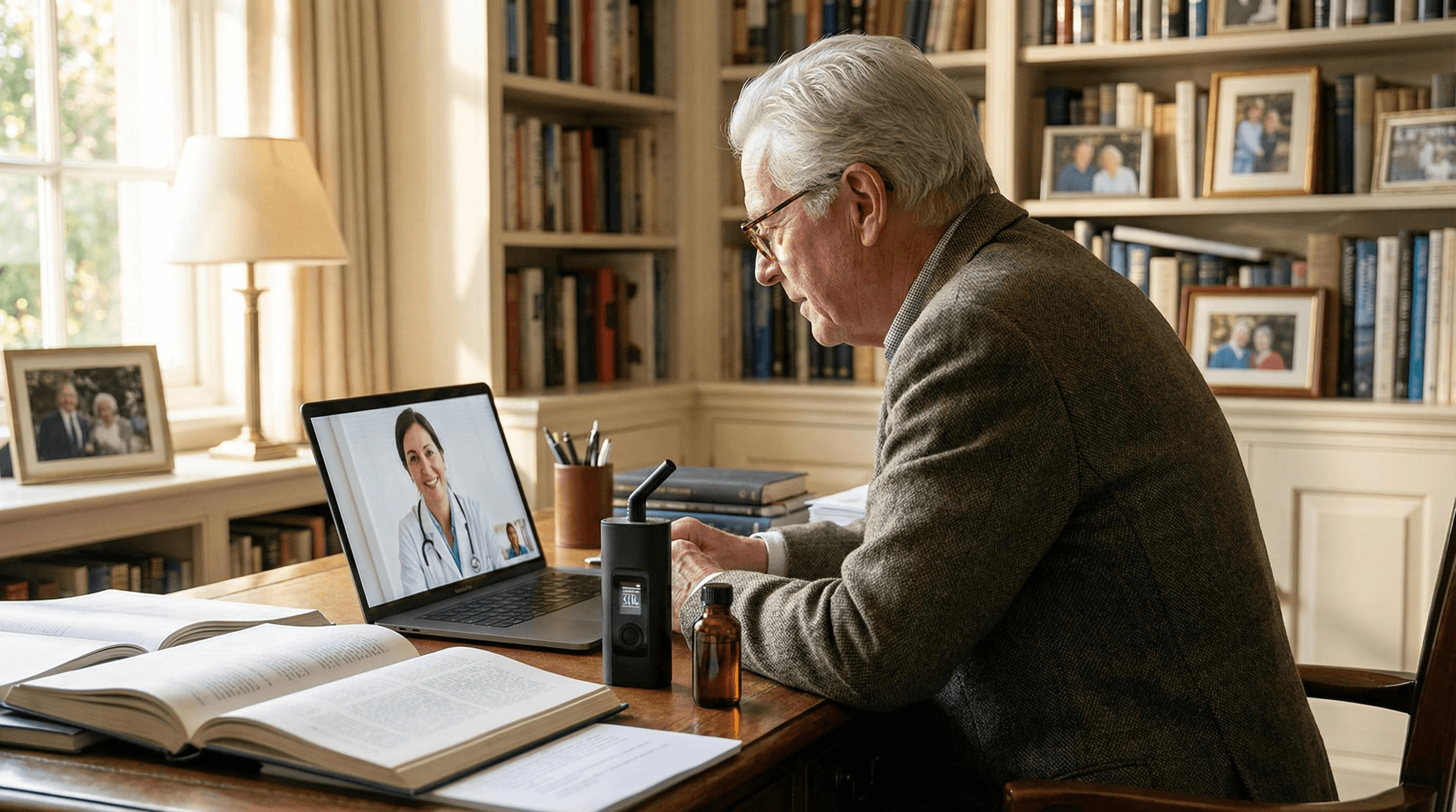 Älterer Mann führt Telemedizin-Gespräch mit Ärztin auf dem Laptop; auf dem Schreibtisch liegen ein Vaporizer und ein Fläschchen Cannabis-Öl.