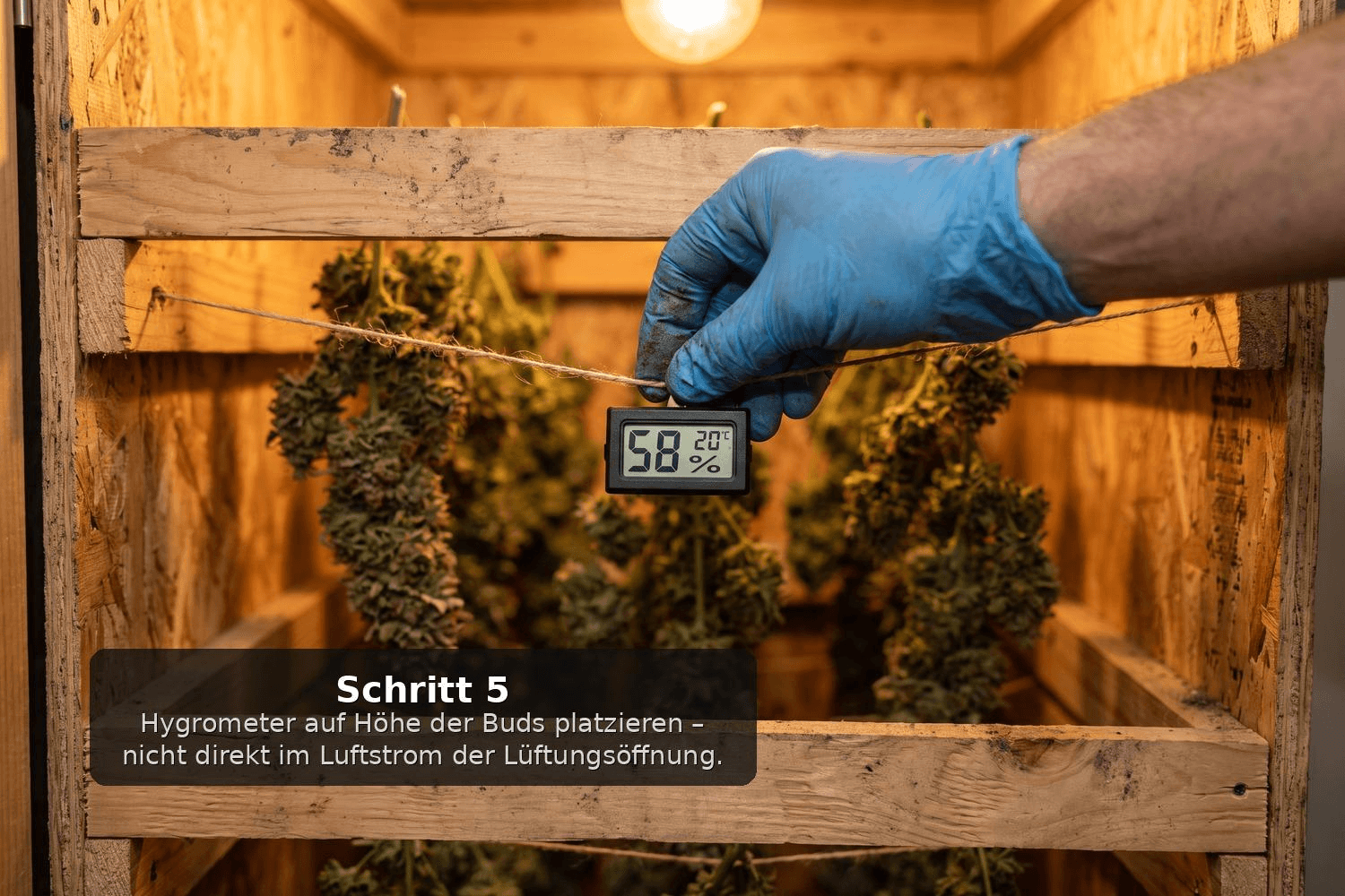 Hand platziert ein digitales Hygrometer auf Höhe der hängenden Cannabis-Buds im Inneren einer selbstgebauten Trockenbox