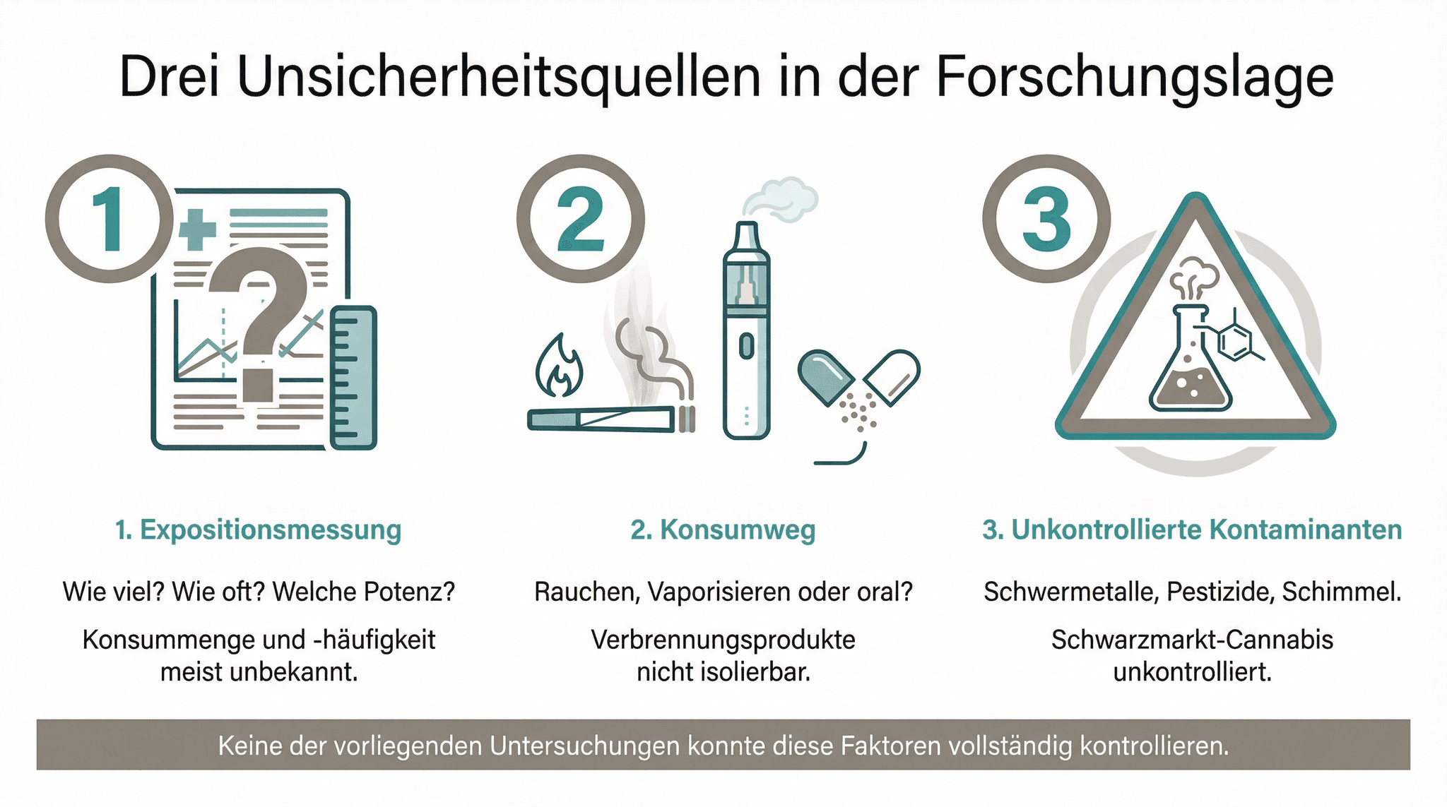 Infografik zu drei methodischen Unsicherheitsquellen in der Cannabisforschung während der Schwangerschaft: unbekannte Konsummenge, unterschiedliche Konsumwege und unkontrollierte Kontaminanten aus dem Schwarzmarkt.