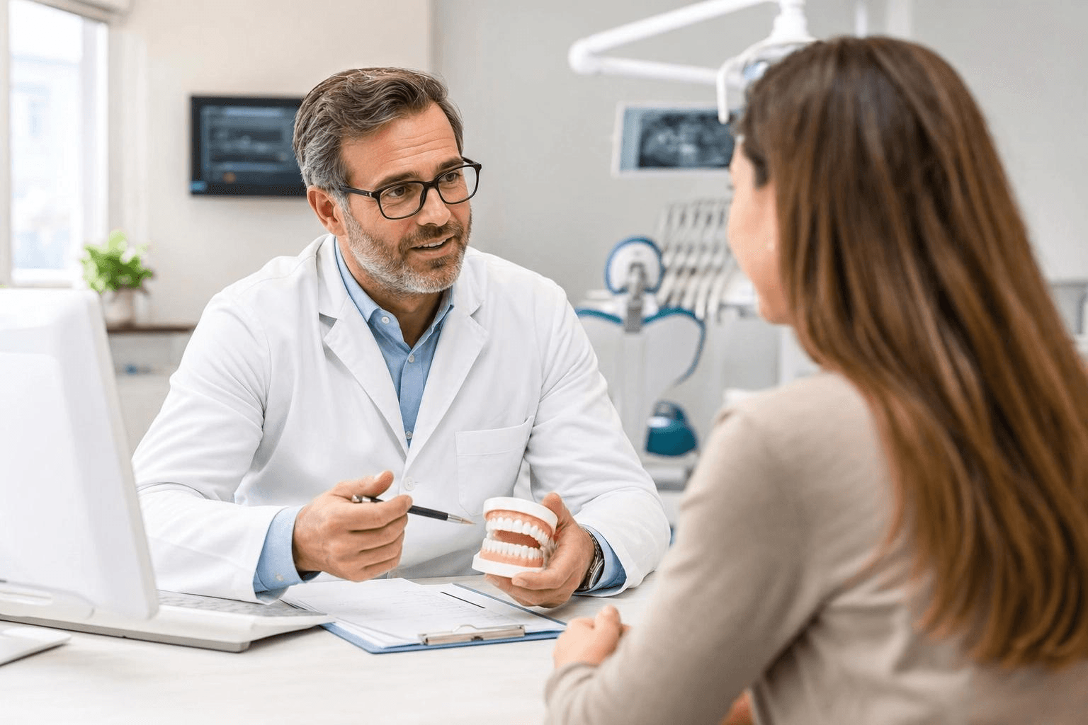 Zahnarzt erklärt Patientin anhand eines Kiefermodells die Nachsorge nach einer Weisheitszahn-OP.