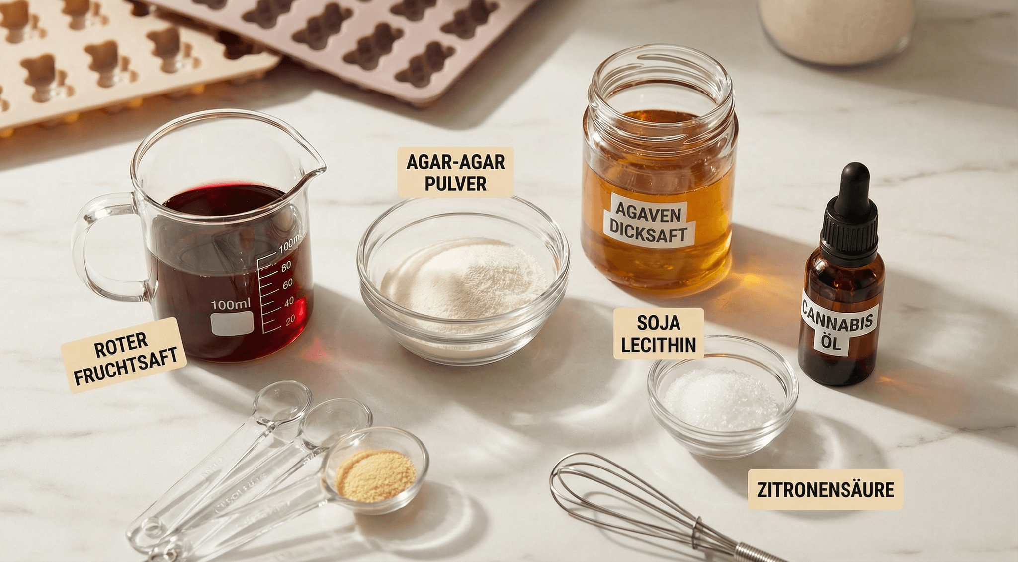 Fruchtsaft, Agavendicksaft und Agar-Agar-Pulver sowie Cannabisöl auf einem Tisch