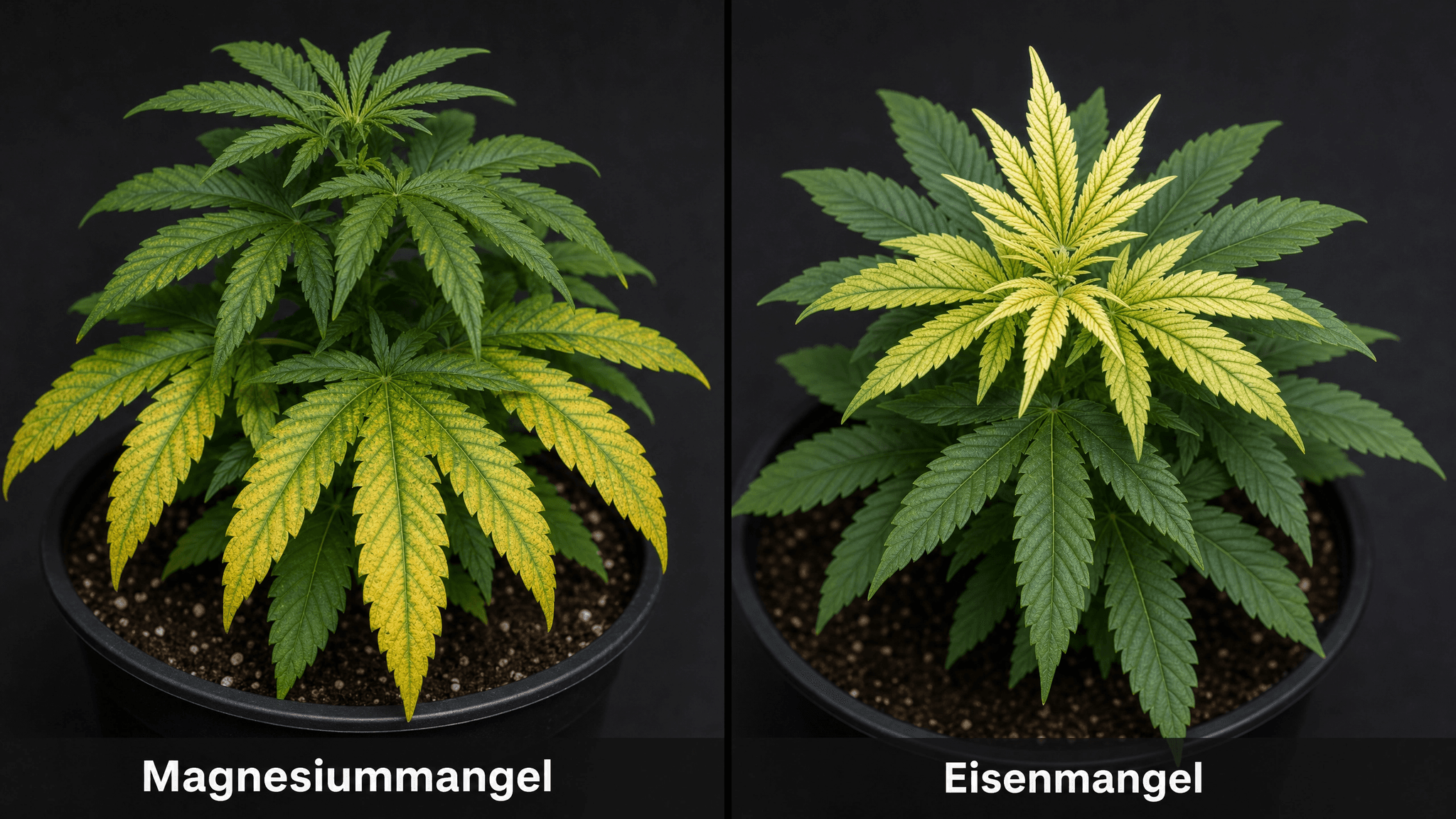 Zwei Cannabispflanzen mit gelben Verfärbungen jeweils oben und unten
