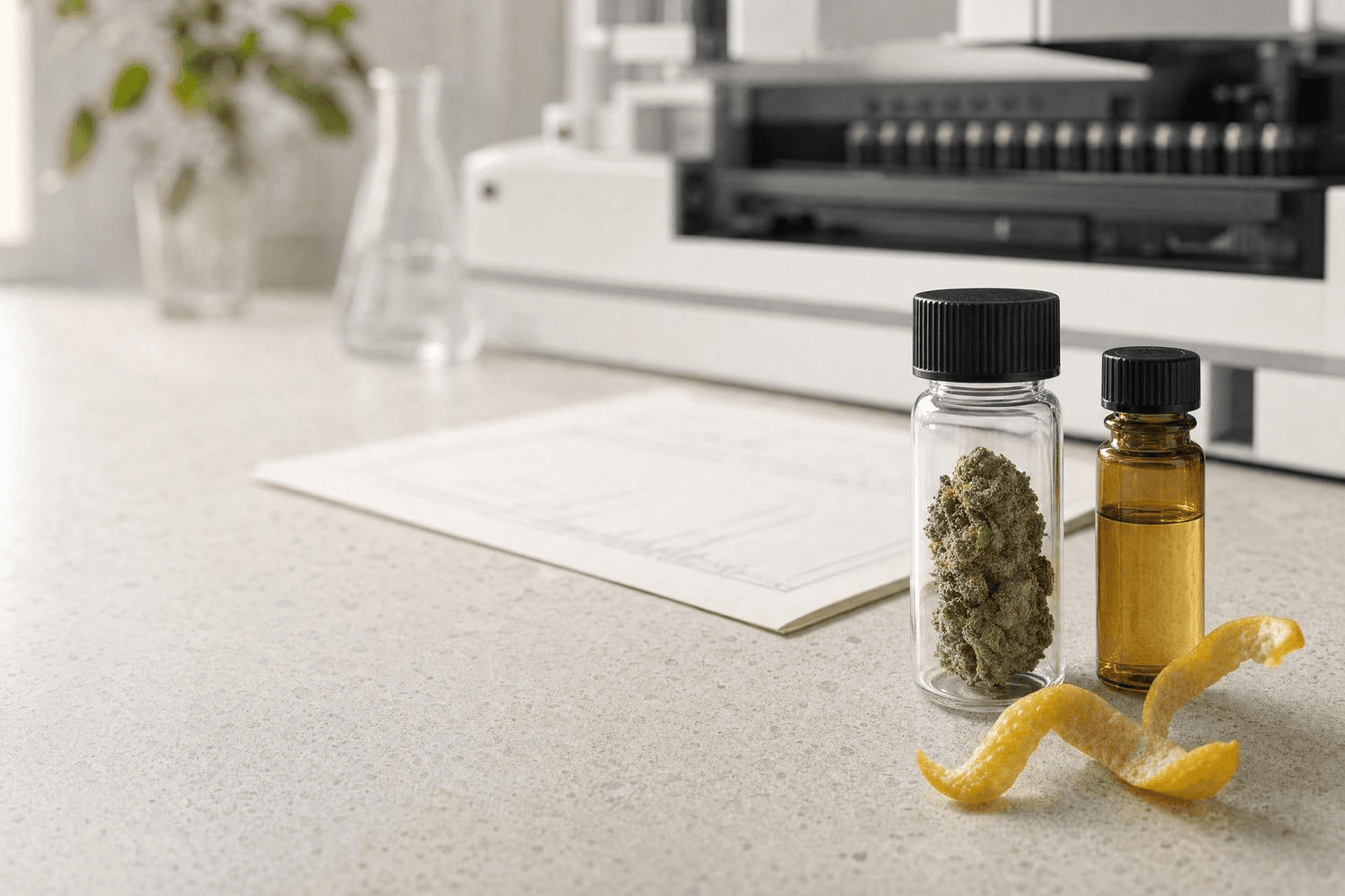 Cannabisblüte in einem Glasgefäß neben einer braunen Flasche mit Limonen-Öl und Zitronenschale in einer Laborumgebung.