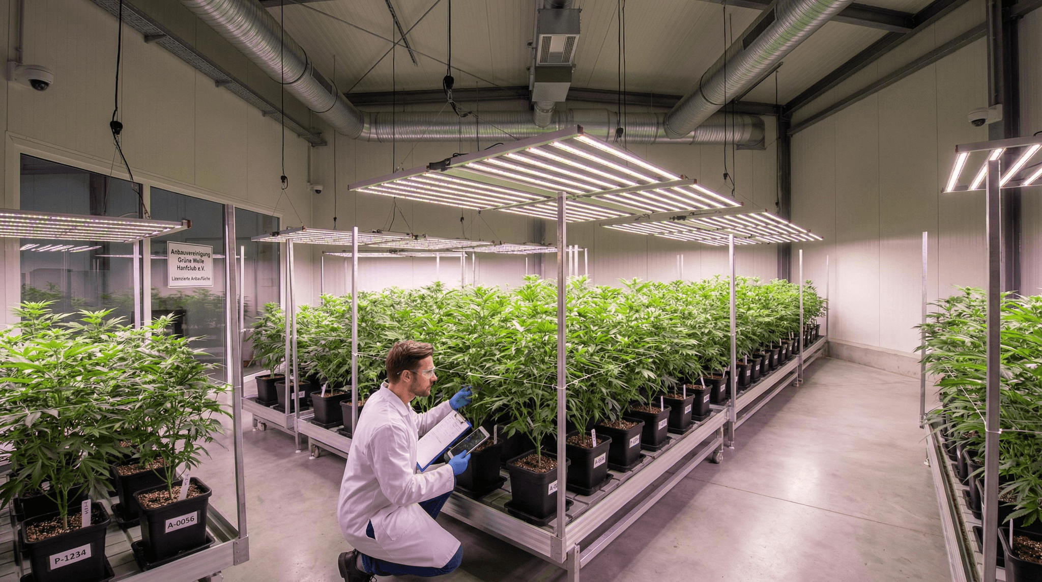 Wissenschaftler kontrolliert Cannabispflanzen in lizenzierter Indoor-Anbauanlage einer Anbauvereinigung in Deutschland unter LED-Beleuchtung