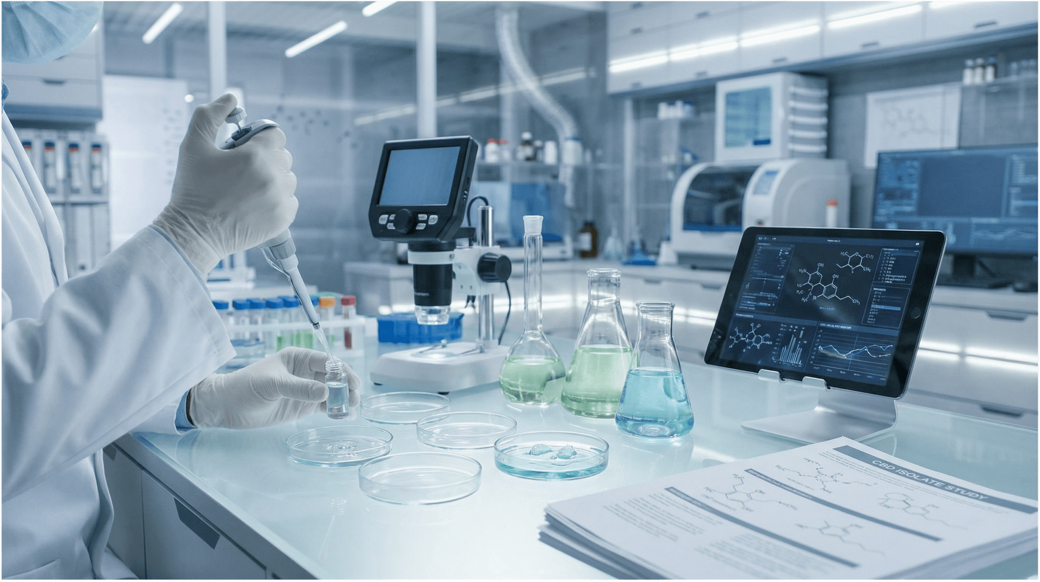 Wissenschaftler analysiert Cannabis-Wirkstoffe im modernen Labor mit digitaler Moleküldarstellung