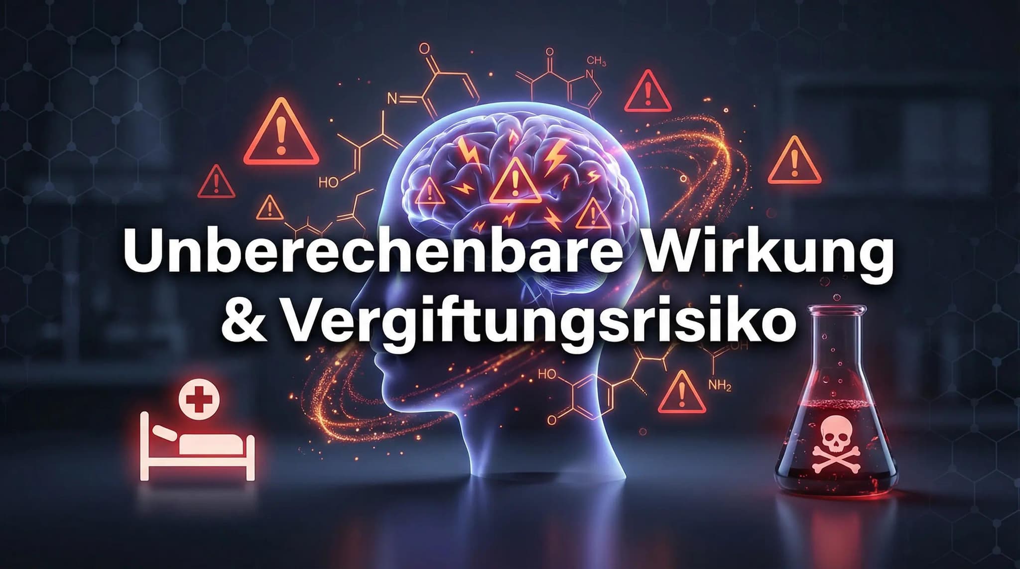 Grafische Darstellung der HHC-Risiken: Menschlicher Kopf mit leuchtendem Gehirn, umgeben von Warndreiecken und Strukturformeln, mit Aufschrift „Unberechenbare Wirkung & Vergiftungsrisiko" sowie Symbolen für Krankenhausaufenthalt und Giftigkeit.