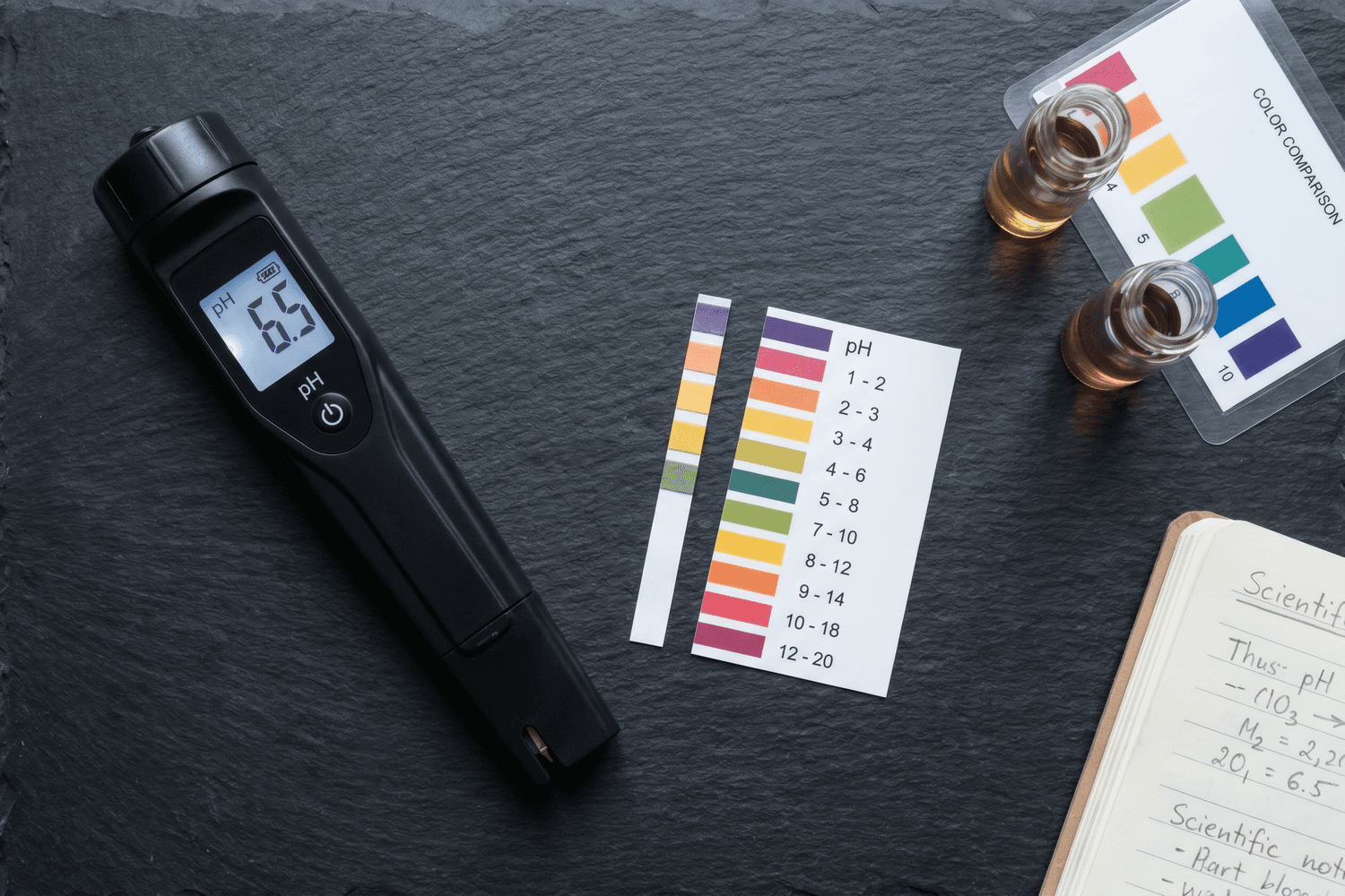 Flat-lay auf dunklem Schiefer: Digitales pH-Messgerät mit Display (6,5), pH-Teststreifen mit Farbskala, zwei Glasfläschchen eines Flüssig-Testkits mit Farbtabelle und ein Notizbuch mit handschriftlichen Messwerten – Vergleich der drei pH-Messmethoden beim