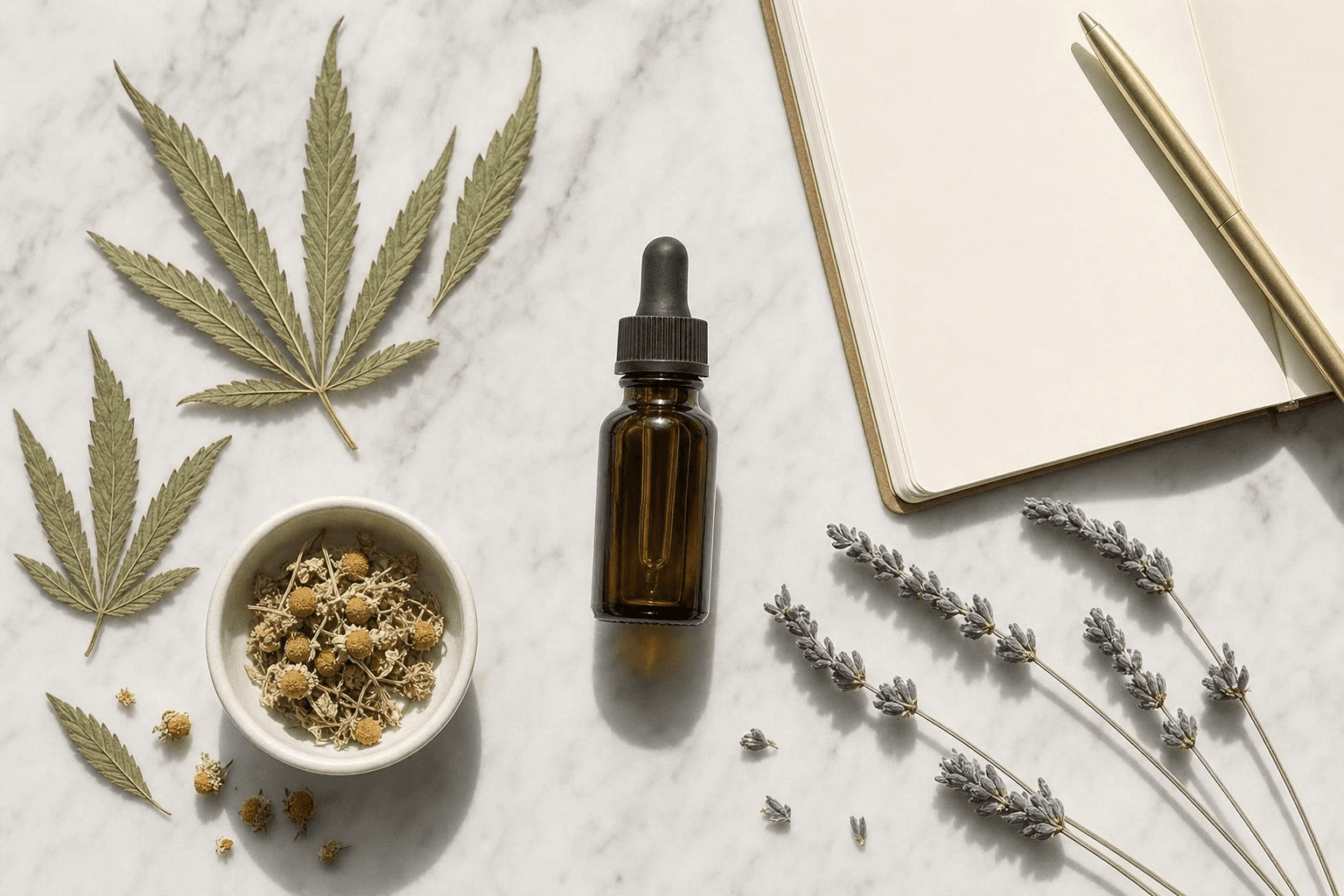 CBD-Ölfläschchen mit Pipette, Cannabisblätter, getrocknete Kamillenblüten und Lavendel auf einer Marmoroberfläche – eine Flatlay-Aufnahme zu pflanzlichen Wirkstoffen wie CBD und THC bei PMS-Beschwerden.