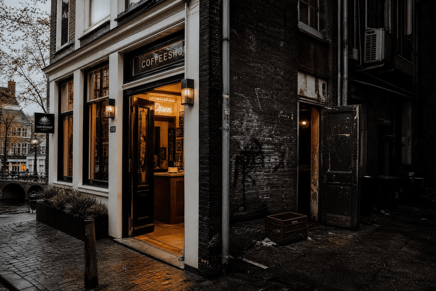 Amsterdamer Coffeeshop mit beleuchteter Vordertür und dunkler Hintertür als Metapher für das Achterdeurproblem