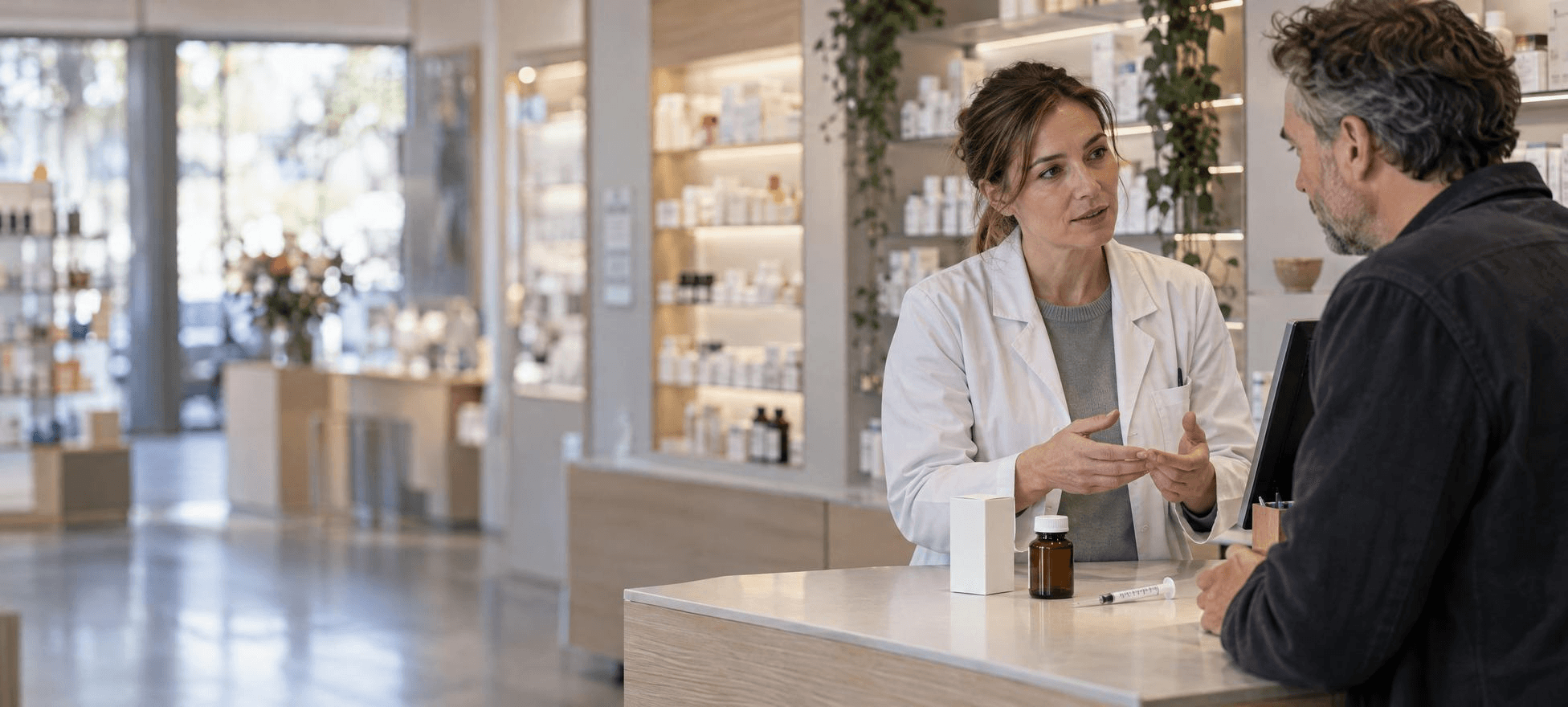 Apothekerin berät einen erwachsenen Mann in einer modernen deutschen Apotheke; auf dem Tresen liegen eine neutrale Arzneimittelflasche, eine Schachtel und eine Dosierspritze.