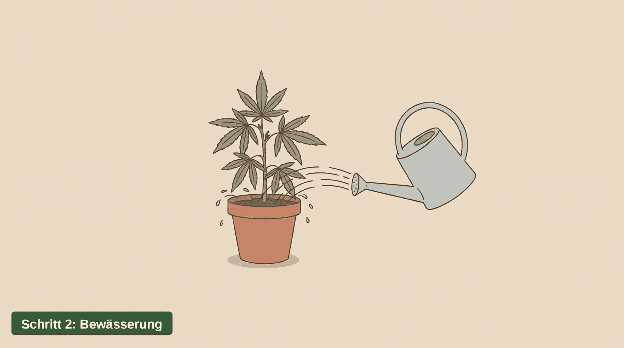 Gießkanne gießt Wasser in einen Tontopf mit einer kleinen Cannabispflanze – Bewässerung vor dem Umtopfen, um den Wurzelballen zu stabilisieren.