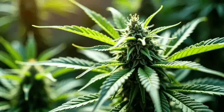 Nahaufnahme einer reifen Cannabisblüte mit grünen Blättern im Freien