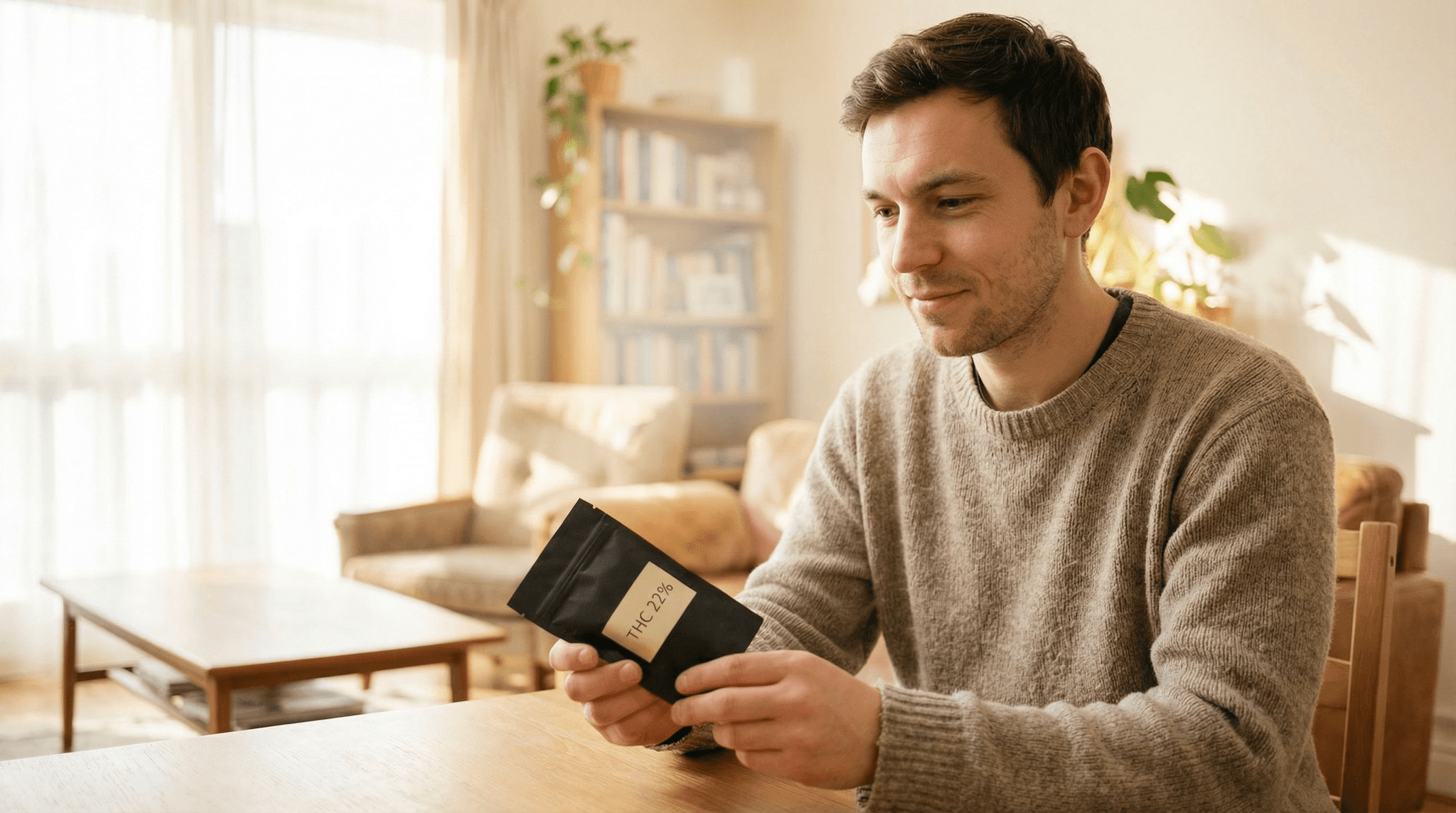 Mann liest THC-Gehalt auf schwarzer Cannabisblüten-Verpackung mit Aufschrift "THC 22%"