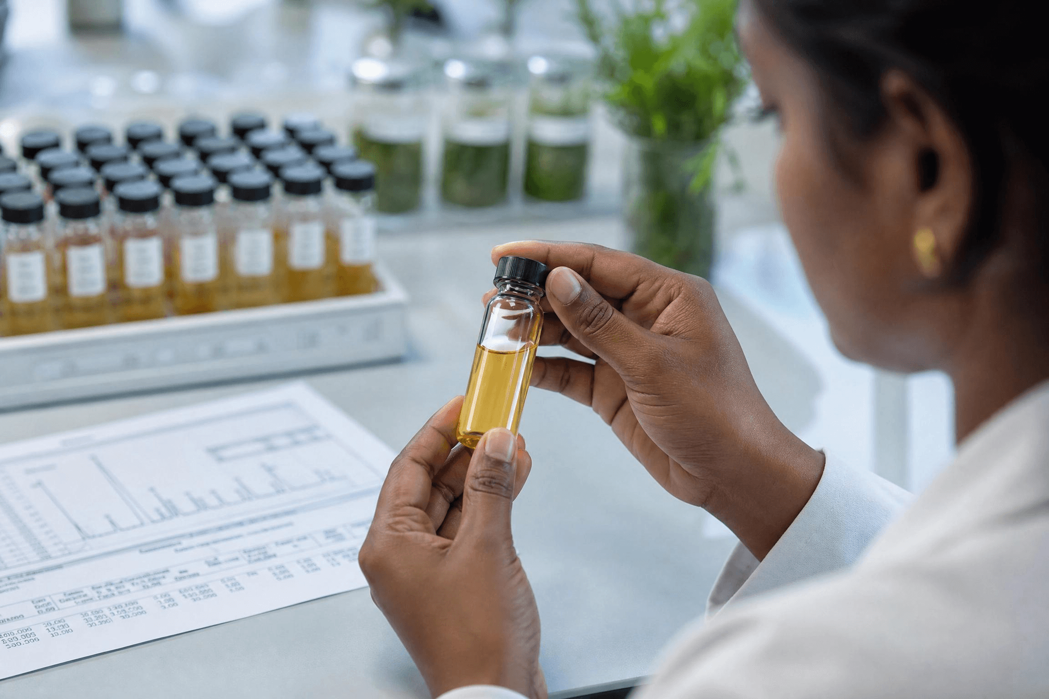 Eine Wissenschaftlerin untersucht im Labor ein Fläschchen mit ätherischem Öl – die Wirksamkeit von Myrcen beim Menschen ist bislang kaum klinisch belegt; die vorliegende Evidenz stammt überwiegend aus Zellkulturen und Tierversuchen.