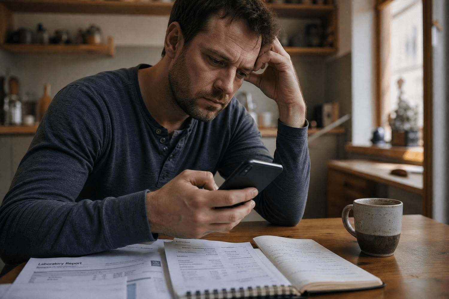 Ein Mann mittleren Alters sitzt am Küchentisch und recherchiert auf seinem Smartphone, umgeben von medizinischen Dokumenten und einem Notizbuch – Sinnbild für die eigenständige Suche nach Behandlungsoptionen.