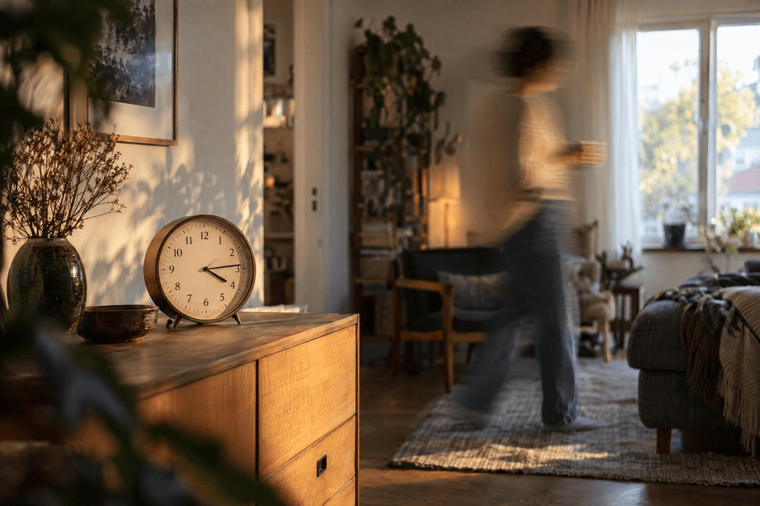 Analoge Uhr auf einem Sideboard; im Hintergrund bewegt sich eine erwachsene Person als leichte Langzeitbelichtungs-Unschärfe durch ein Wohnzimmer.