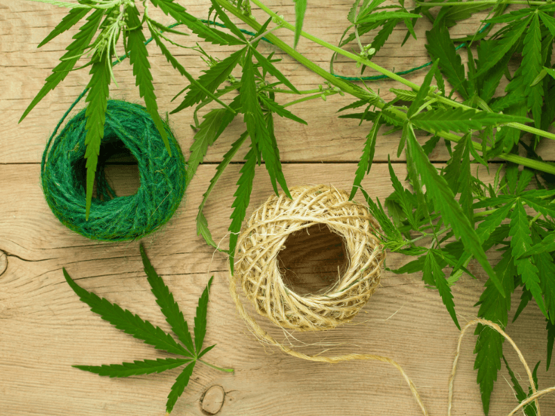 Kordeln aus Nutzhanf mit Hanfblättern auf einer Holzablage
