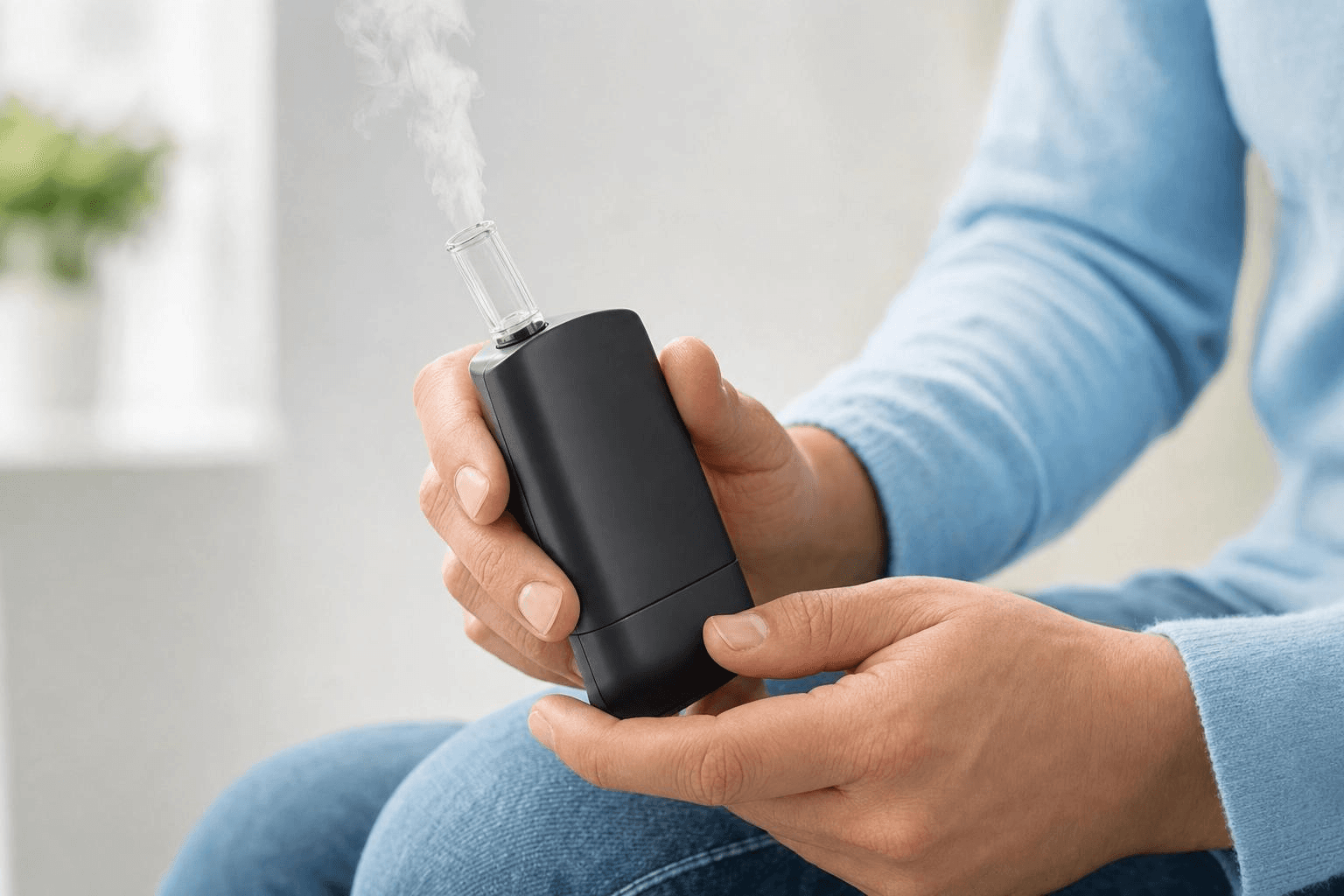 Hände halten einen dampfenden Cannabis Vaporisator bzw. einen Verdampfer