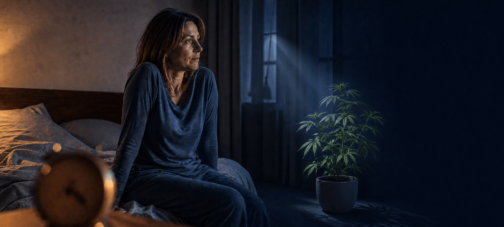Frau sitzt nachts wach auf der Bettkante; neben dem Fenster steht eine Cannabispflanze im Mondlicht.
