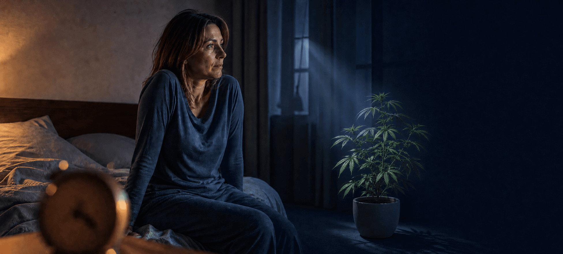 Frau sitzt nachts wach auf der Bettkante; neben dem Fenster steht eine Cannabispflanze im Mondlicht.