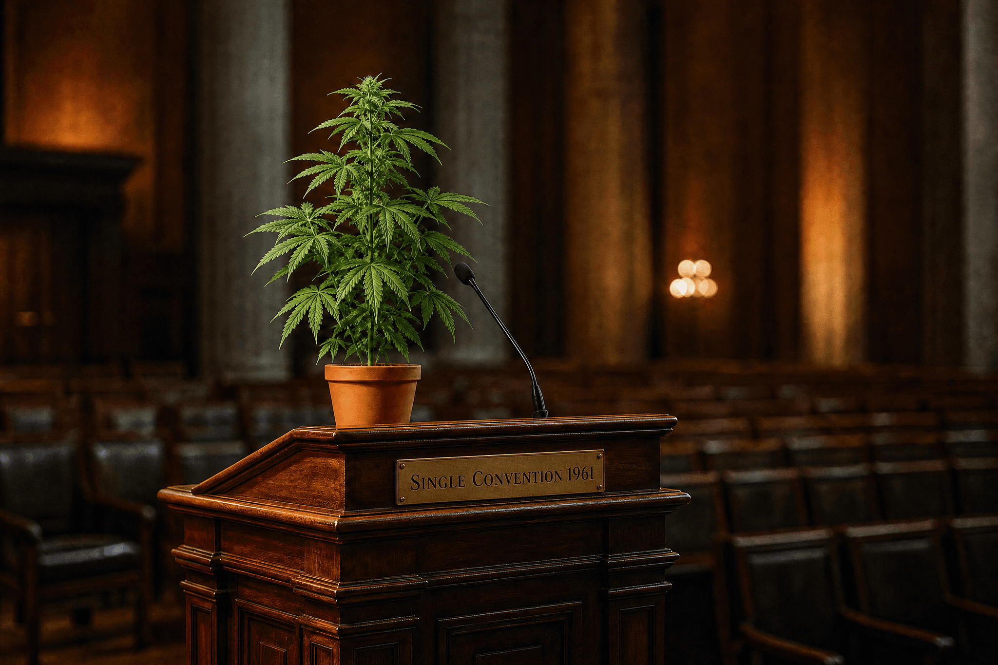 Cannabispflanze auf einem Rednerpult mit Messingschild "Single Convention 1961" in einem leeren Parlamentssaal
