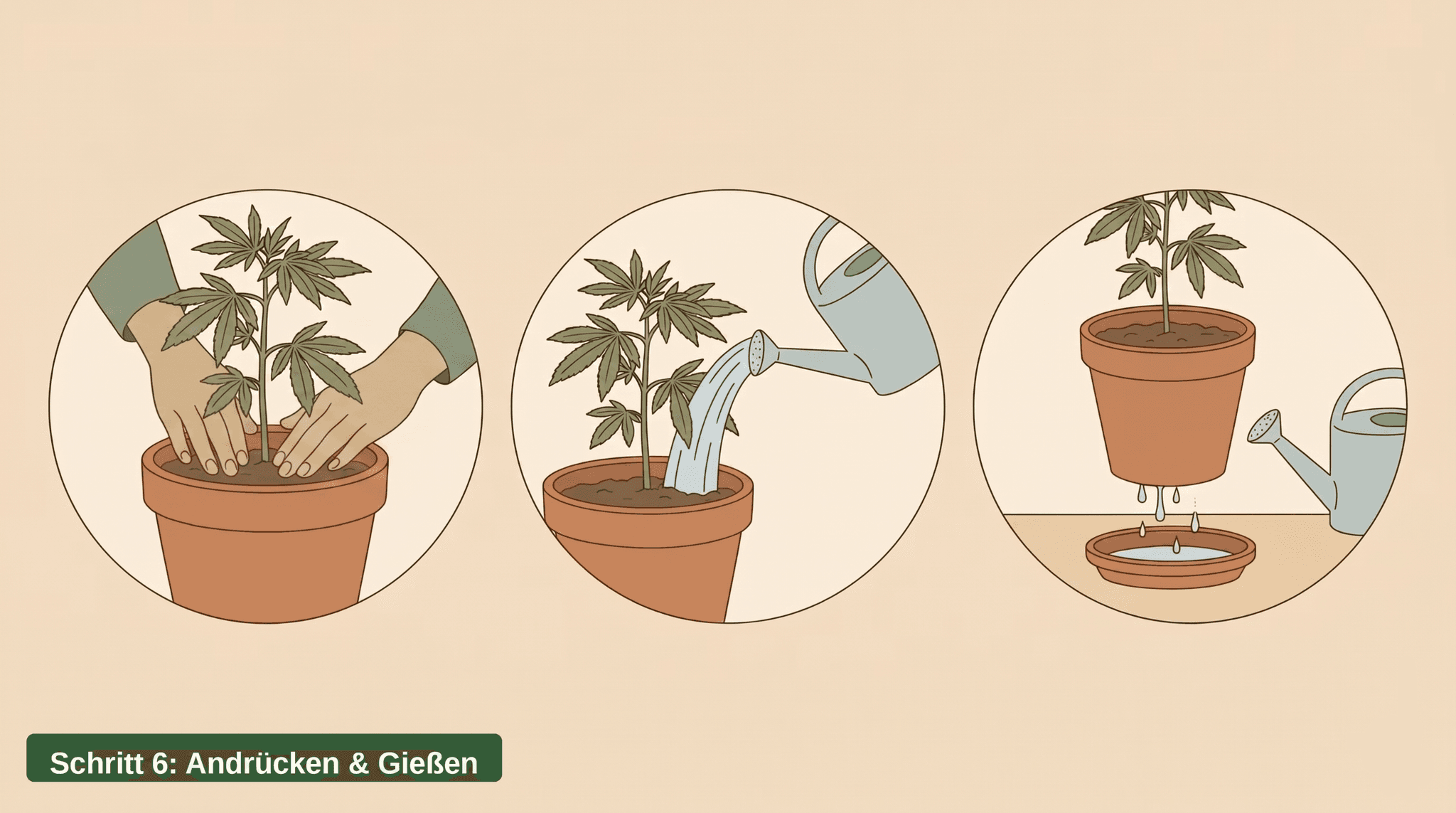 Hände drücken das Substrat rund um eine Cannabispflanze im Tontopf an, während eine Gießkanne Wasser gießt, das aus den Drainagelöchern in den Untertopf abläuft.