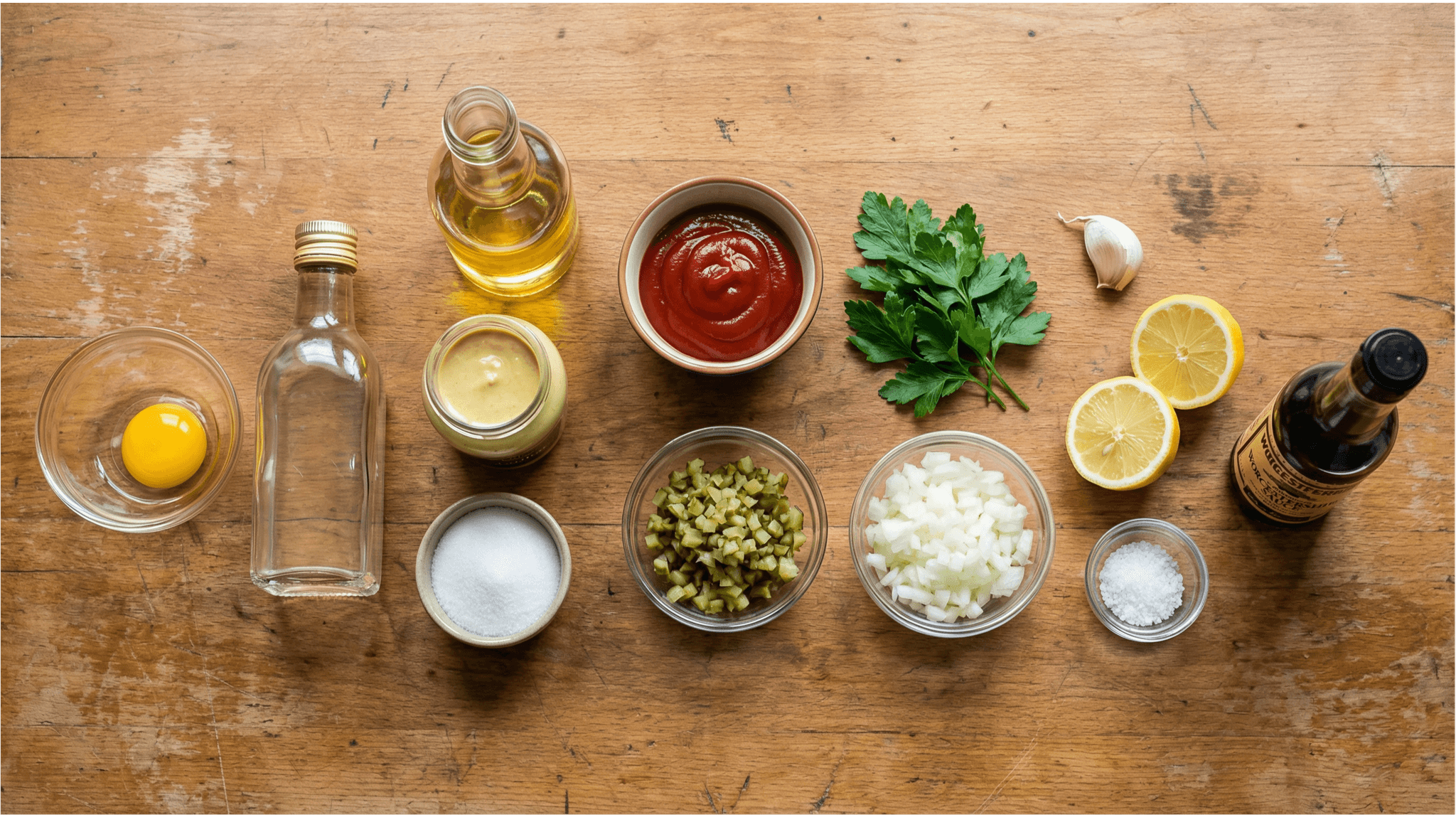 Alle Zutaten für die Brugersauce mit Cannabis stehen auf einem Küchentisch bereit für das Rezept