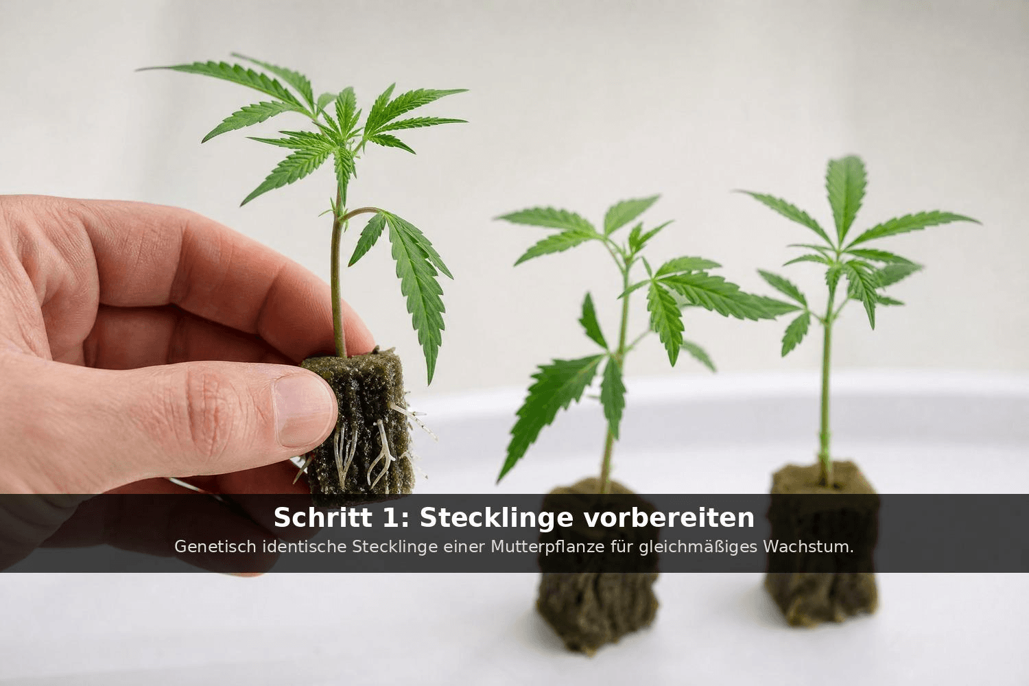Drei junge Cannabisstecklinge in Steinwollwürfeln unter einer Anzuchtlampe, eine Hand hält einen Steckling zur Kontrolle.