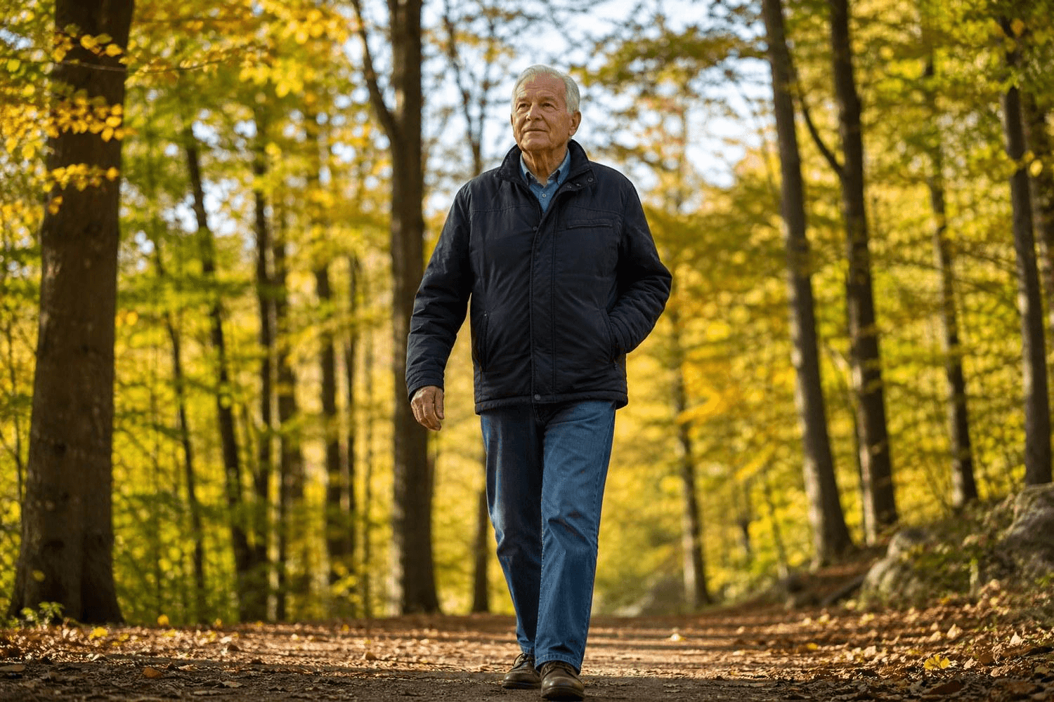 Ein älterer Mann geht aufrecht und entspannt auf einem Waldweg im Herbst – Bewegung als Teil der Schmerztherapie bei Rückenschmerzen.