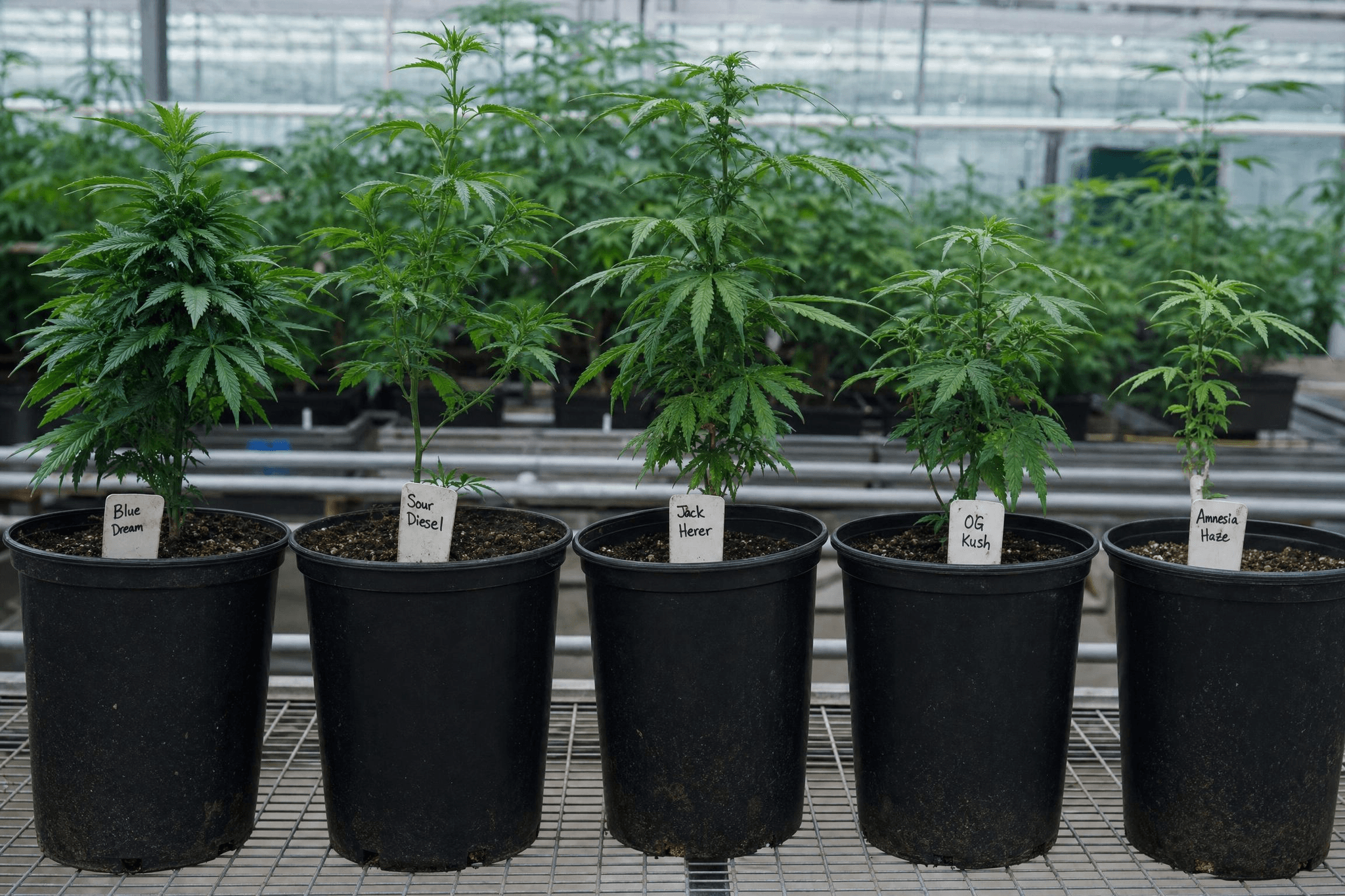 Reihe von Cannabis-Pflanzen in schwarzen Anzuchttöpfen auf einer Gewächshausbank, jede Pflanze mit einem handgeschriebenen weißen Steckkärtchen im Boden: Blue Dream, Sour Diesel, Jack Herer, OG Kush, Amnesia Haze – dokumentarische Aufnahme in einer professionellen Medizinalcannabis-Anbauanlage