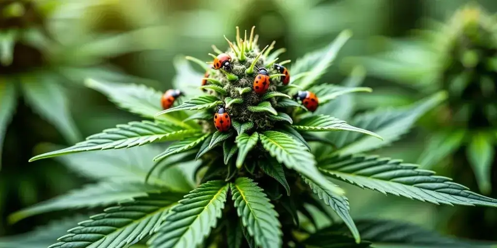 Nahaufnahme einer Cannabisblüte mit mehreren roten Marienkäfern auf den Blättern