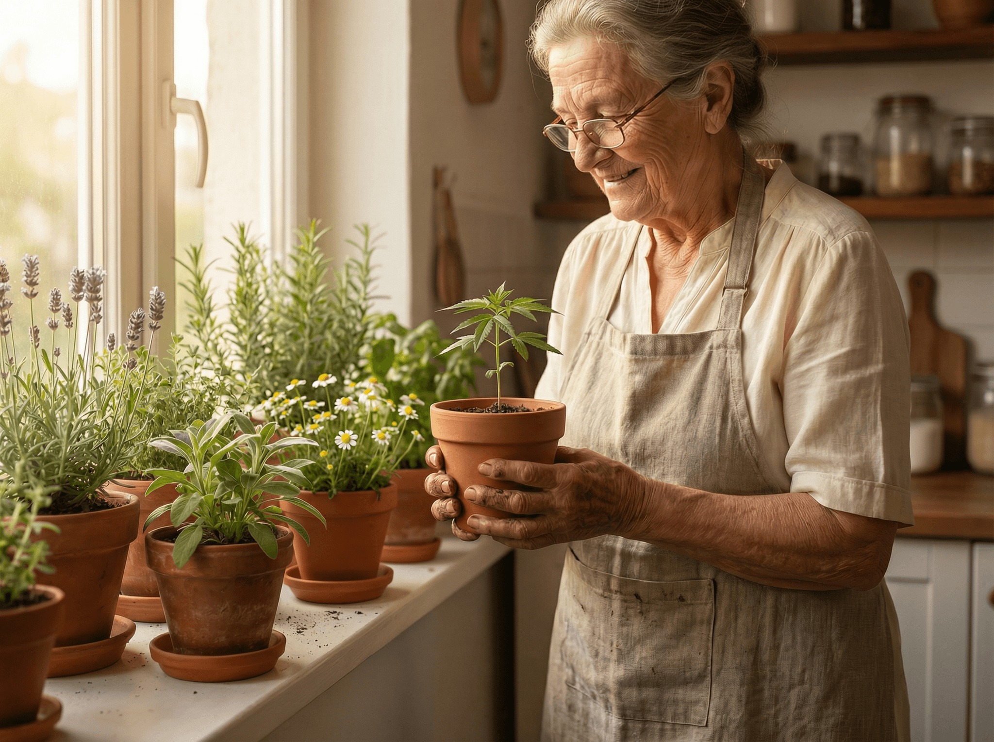 Eine ältere Dame hält eine Cannabispflanze im Topf