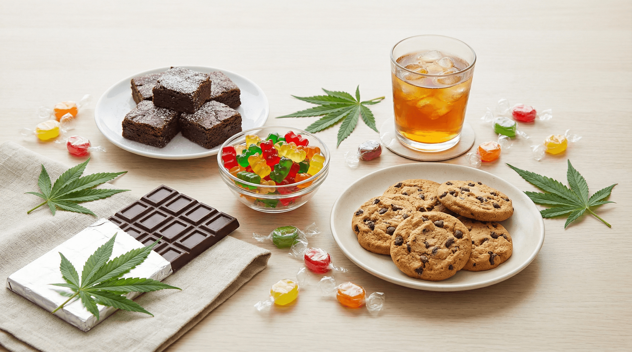 Beispiele für Cannabis-Edibles: Gummibärchen, Kekse, Bonbons, Brownies und Cannabis Blätter liegen auf einem Tisch